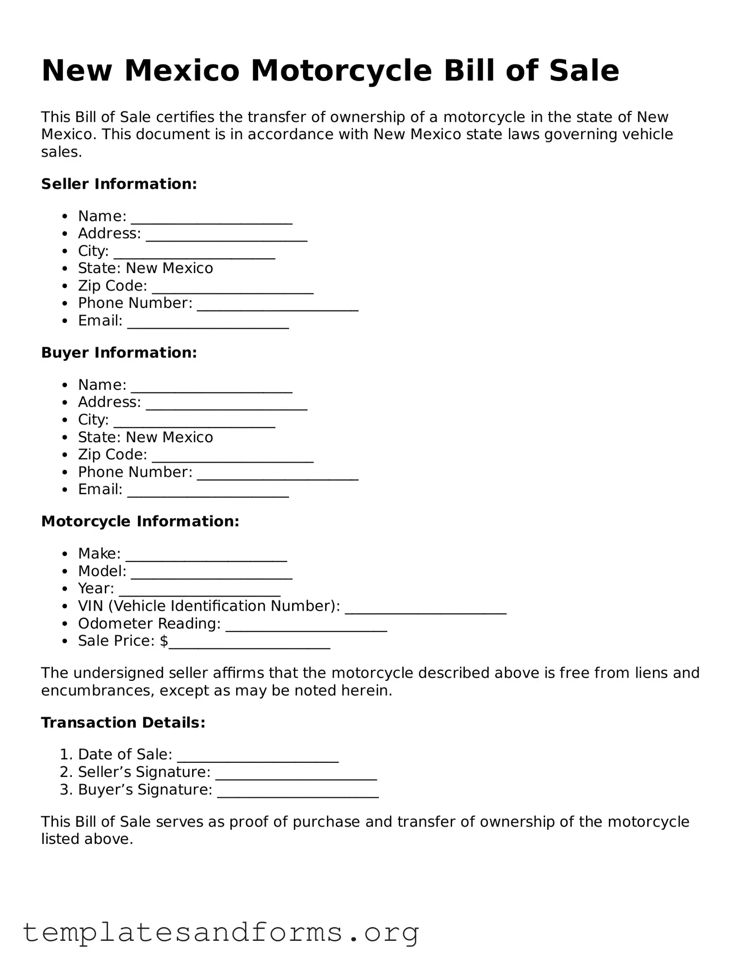 Free Motorcycle Bill of Sale Form for the State of New Mexico
