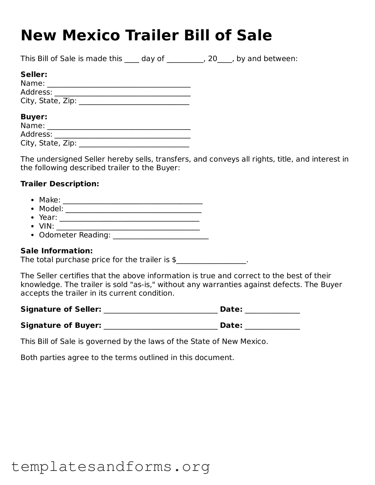 Free Trailer Bill of Sale Form for the State of New Mexico