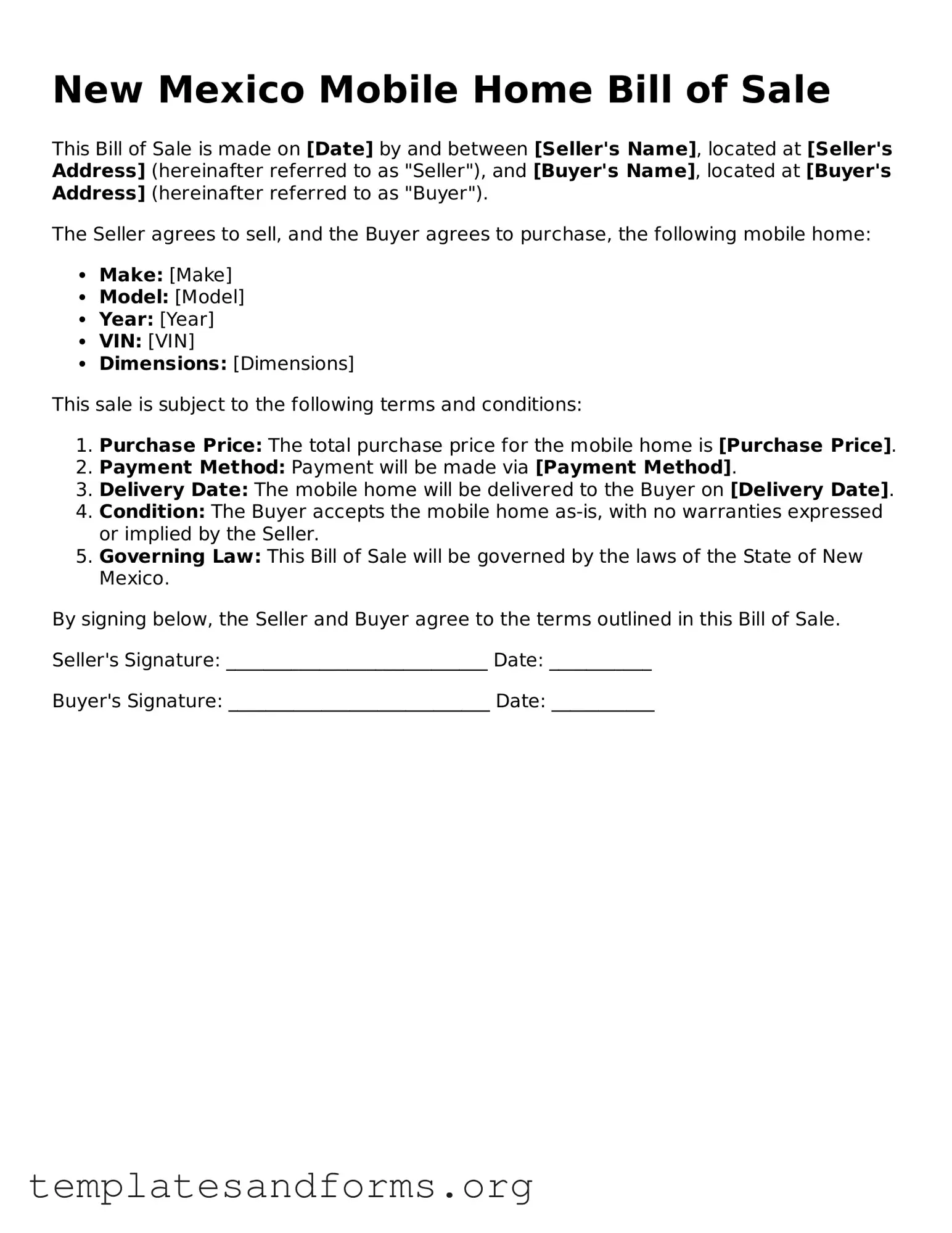 Free Mobile Home Bill of Sale Form for the State of New Mexico