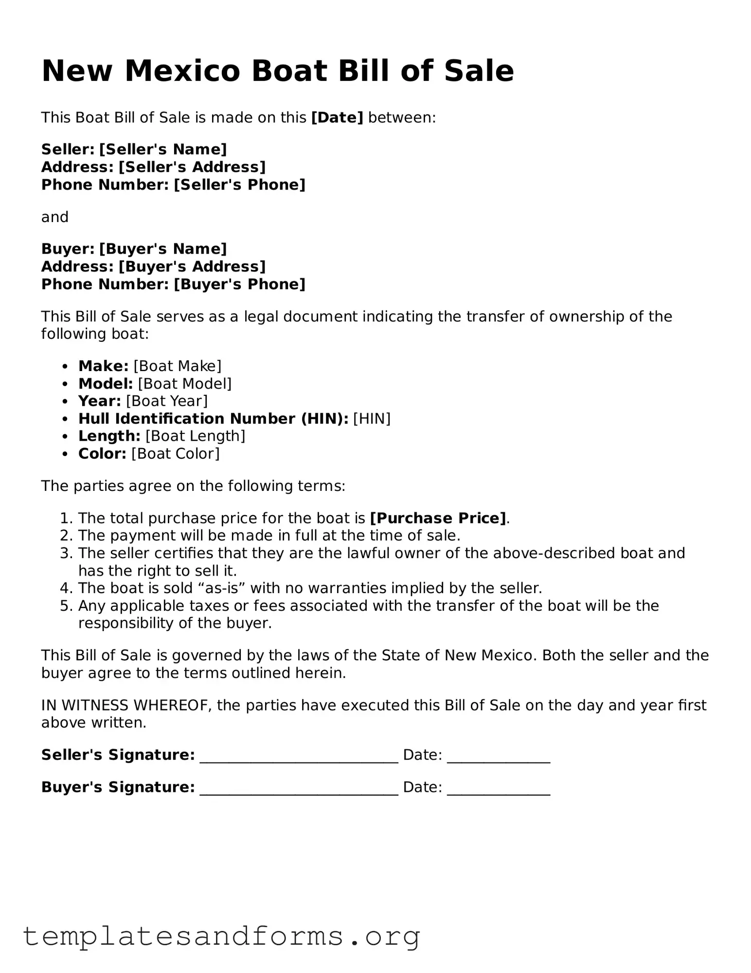Free Boat Bill of Sale Form for the State of New Mexico