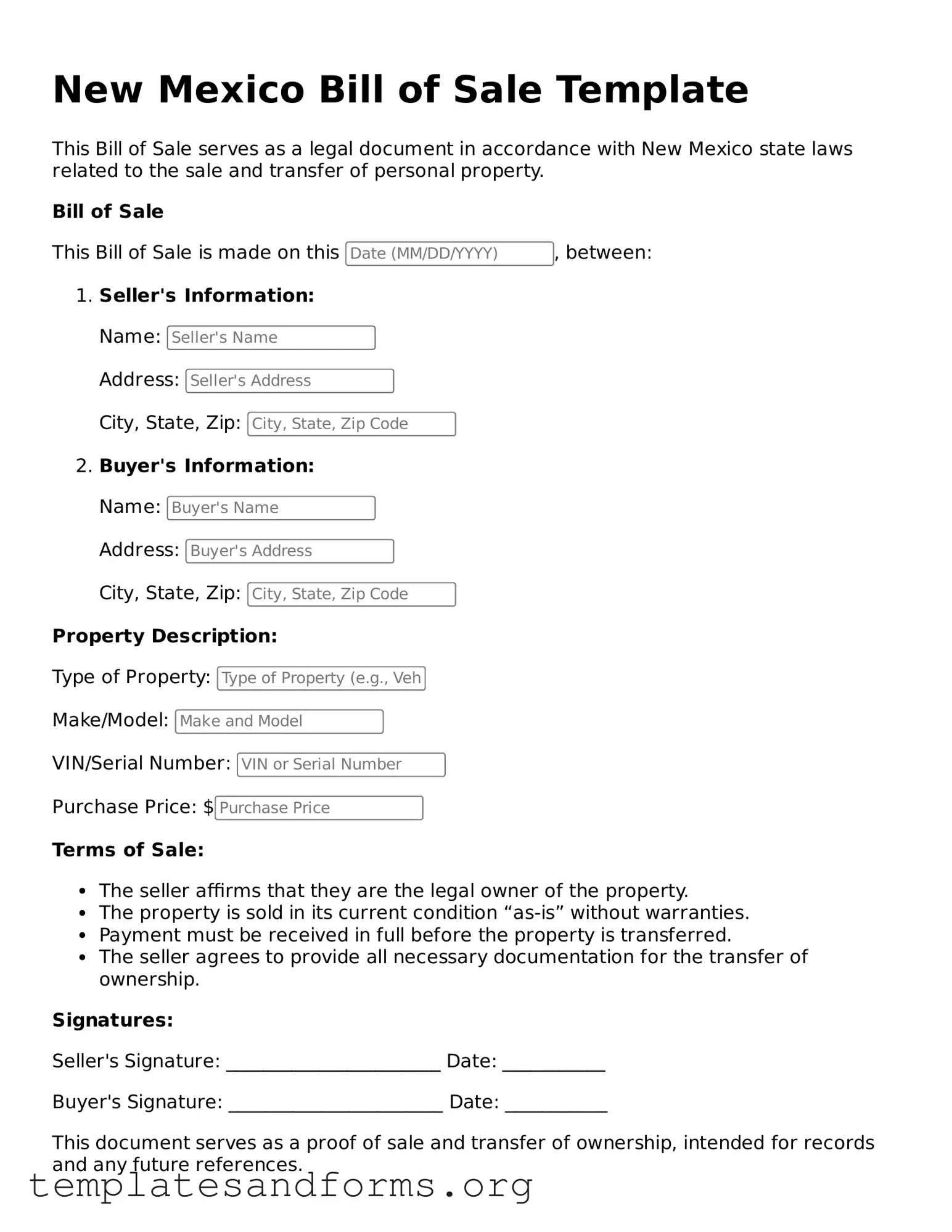 Free Bill of Sale Form for the State of New Mexico
