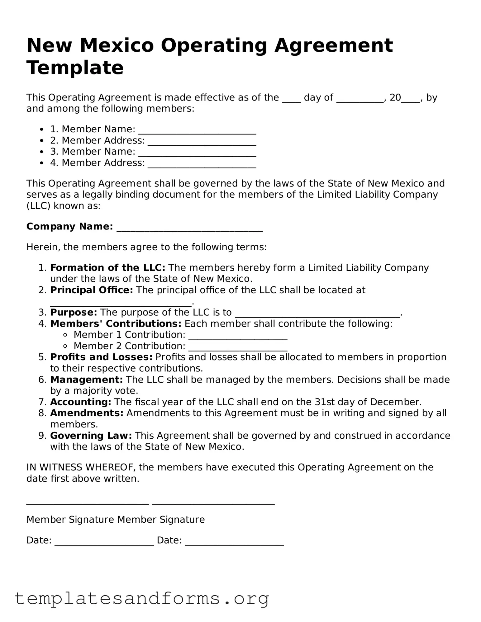 Free Operating Agreement Form for the State of New Mexico