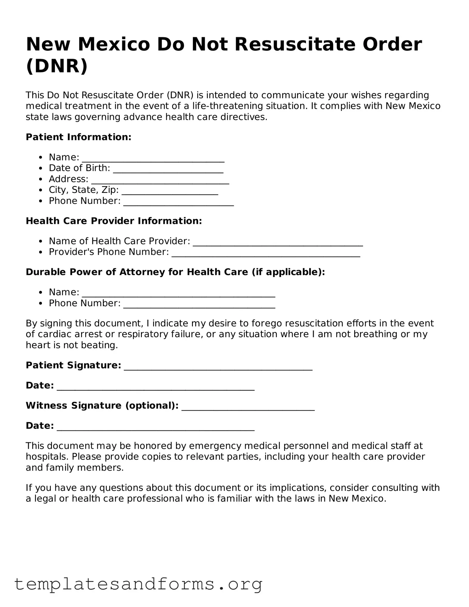 Free Do Not Resuscitate Order Form for the State of New Mexico