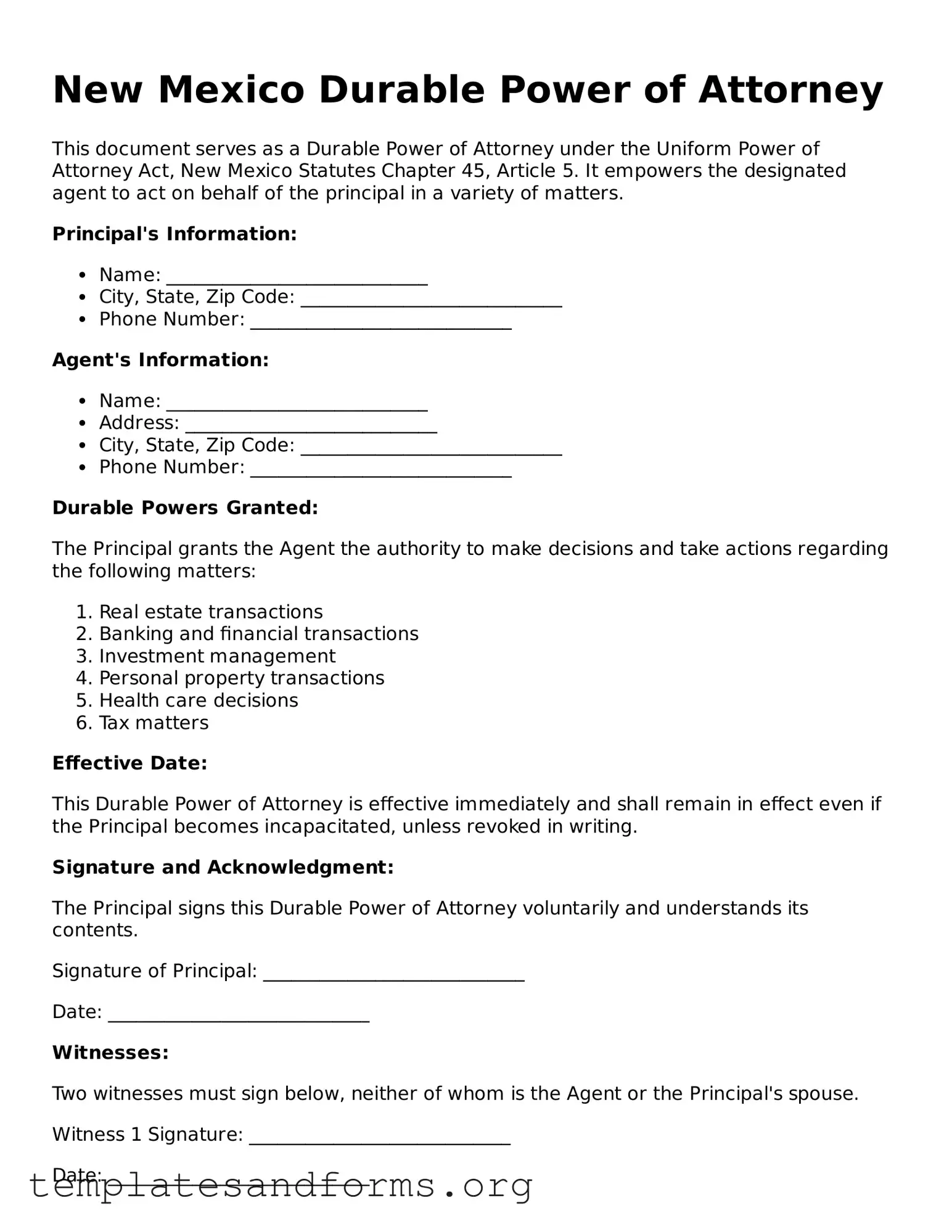 Free Durable Power of Attorney Form for the State of New Mexico