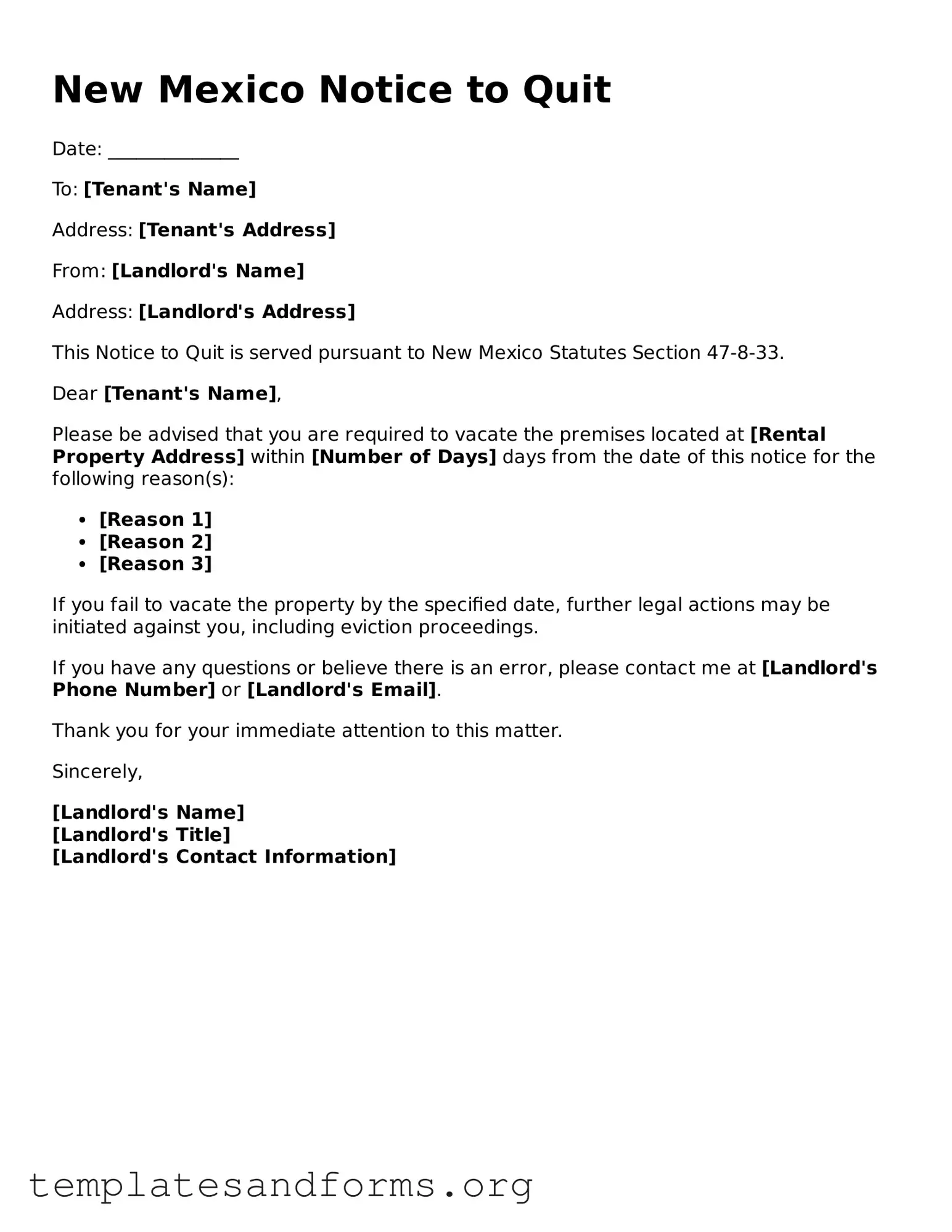 Free Notice to Quit Form for the State of New Mexico