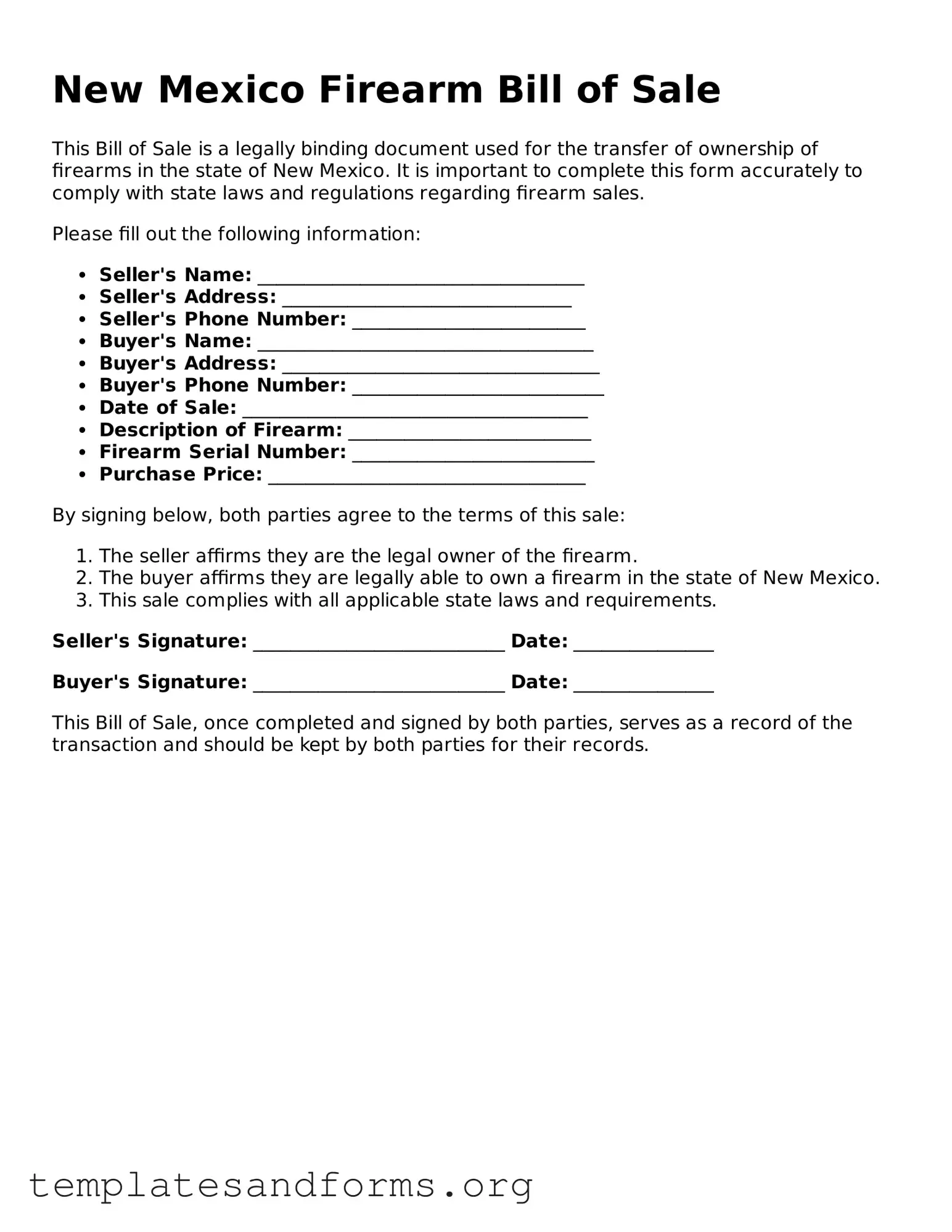 Free Firearm Bill of Sale Form for the State of New Mexico