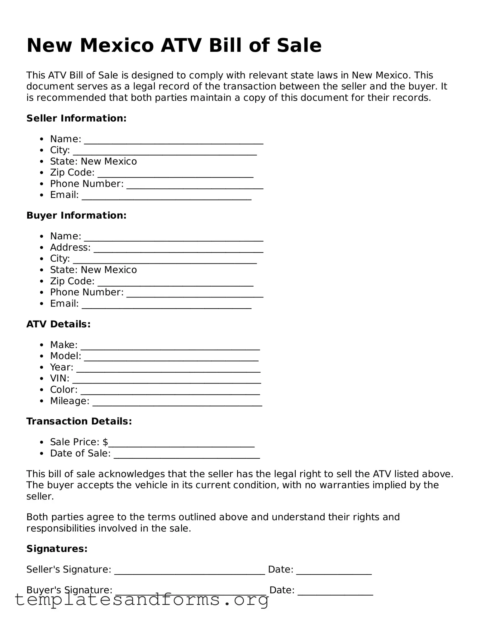 Free ATV Bill of Sale Form for the State of New Mexico