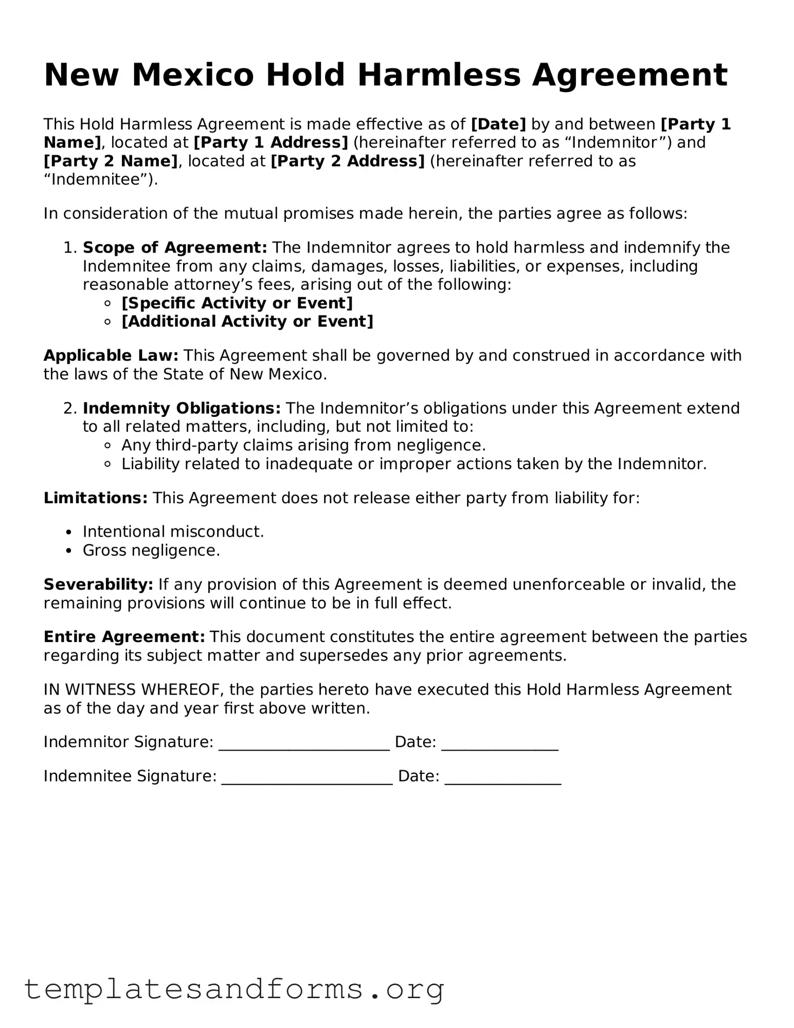 Free Hold Harmless Agreement Form for the State of New Mexico