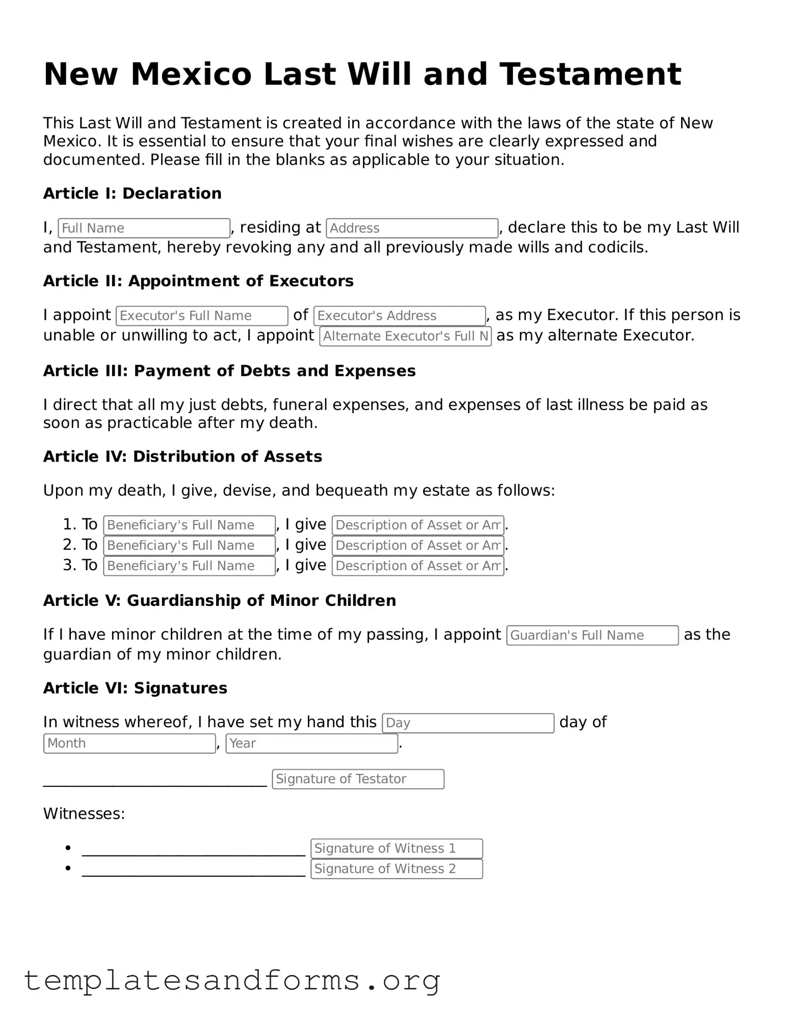 Free Last Will and Testament Form for the State of New Mexico