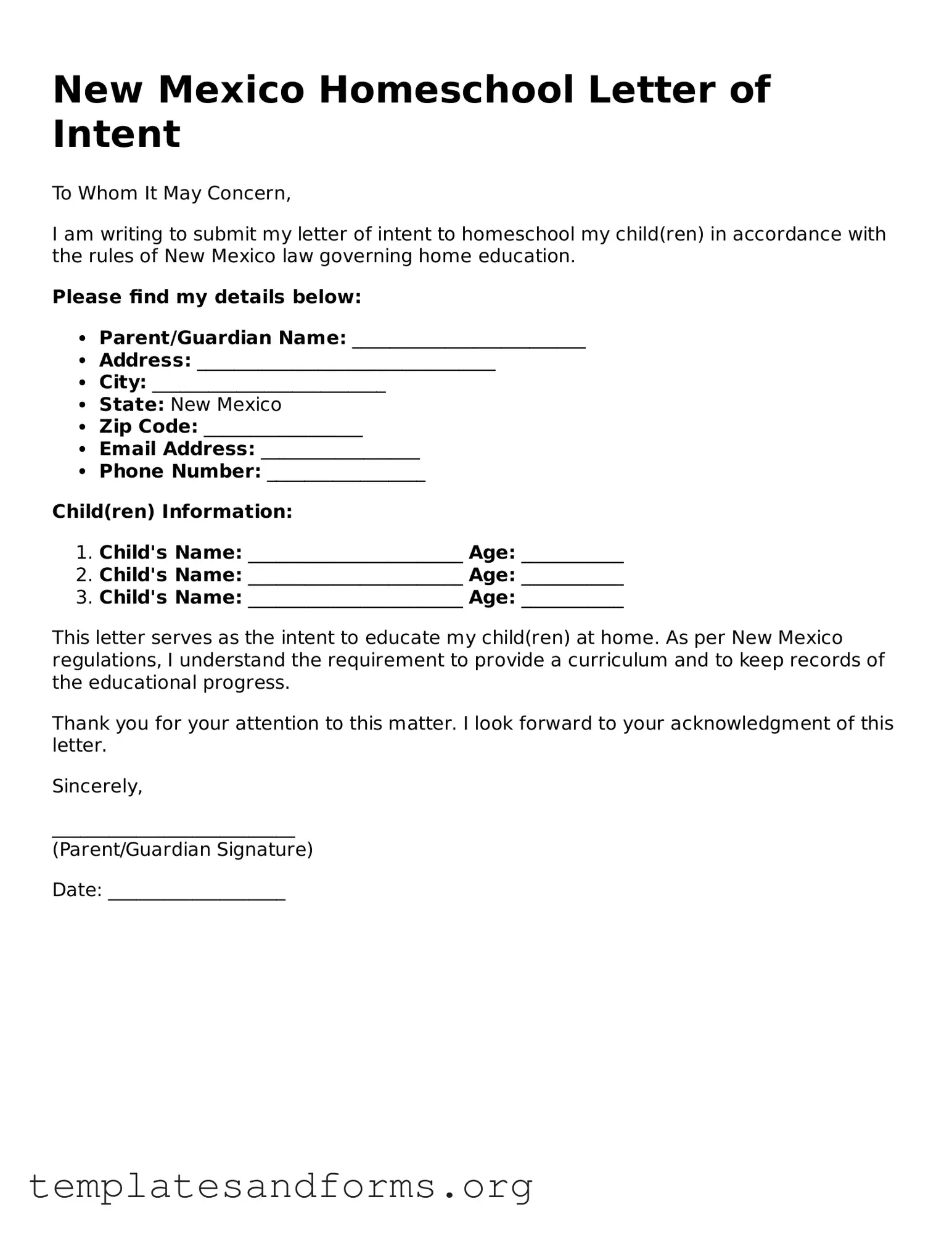 Free Homeschool Letter of Intent Form for the State of New Mexico