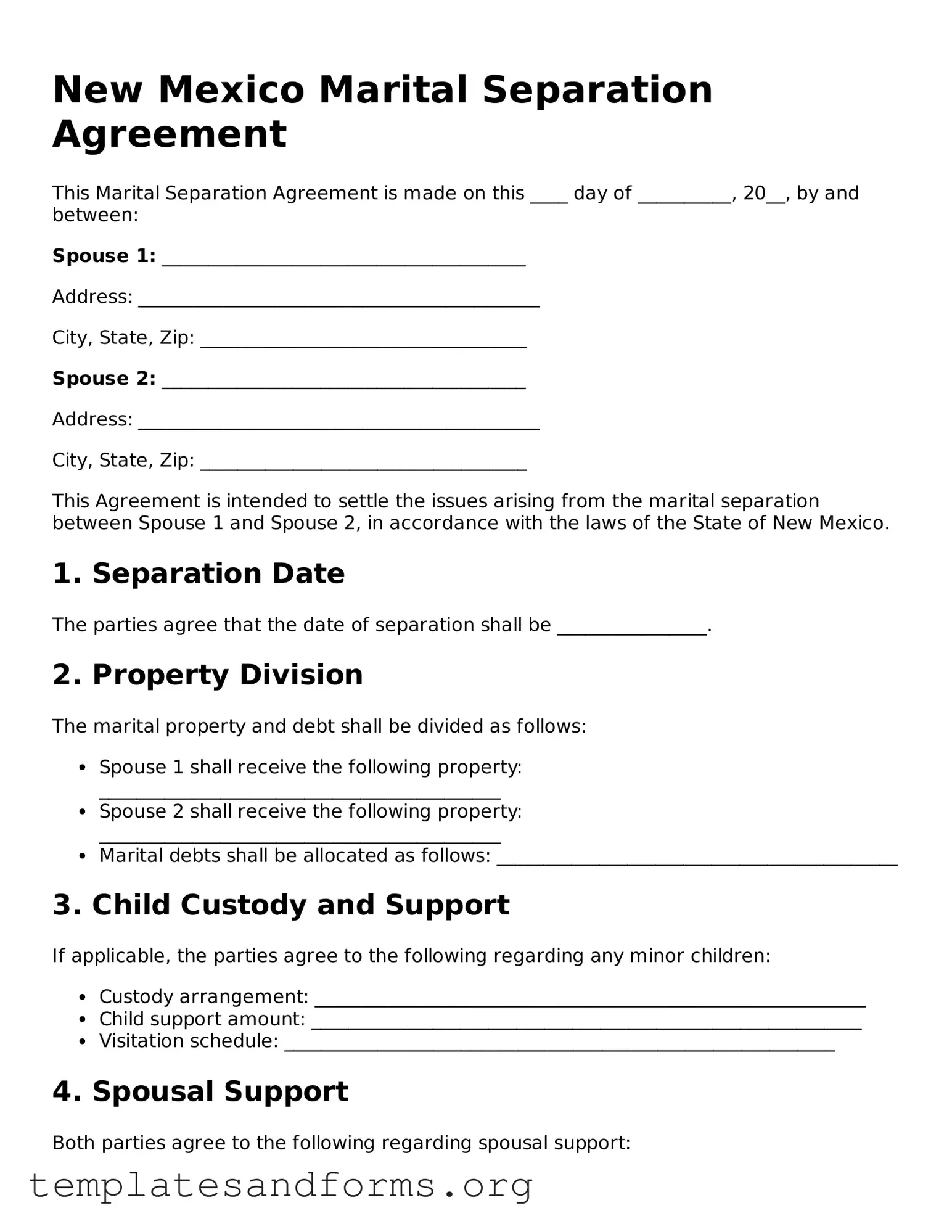 Free Marital Separation Agreement Form for the State of New Mexico