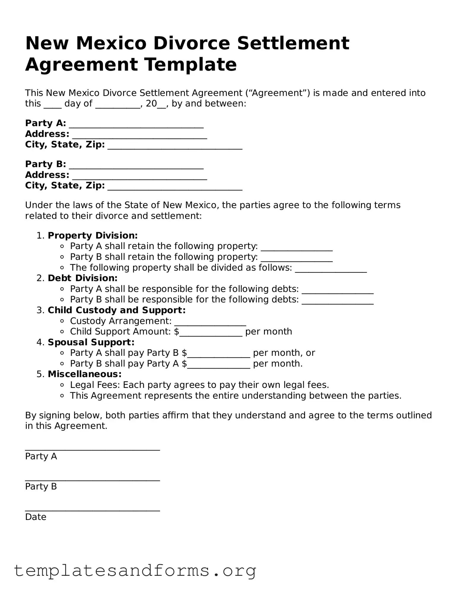 Free Divorce Settlement Agreement Form for the State of New Mexico