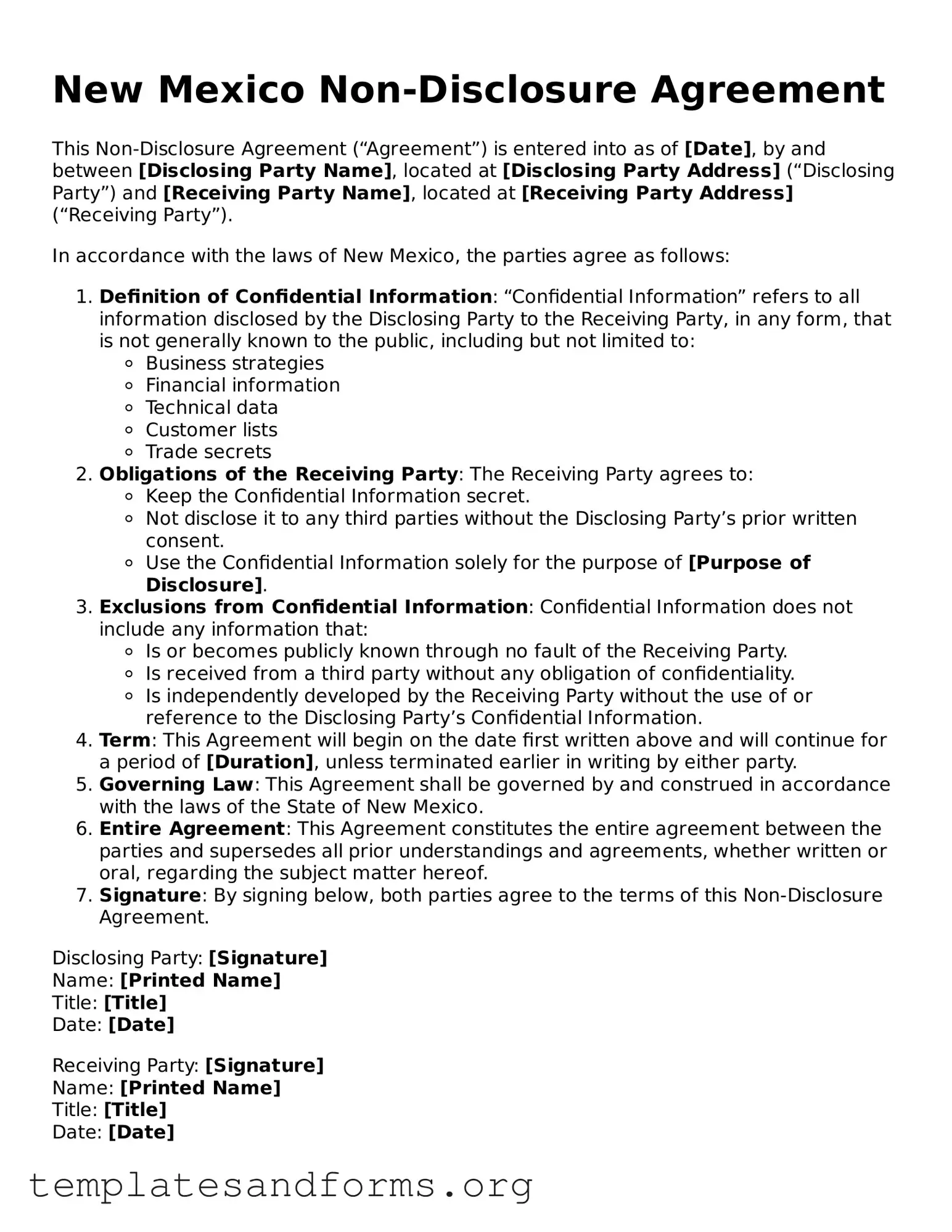Free Non-disclosure Agreement Form for the State of New Mexico