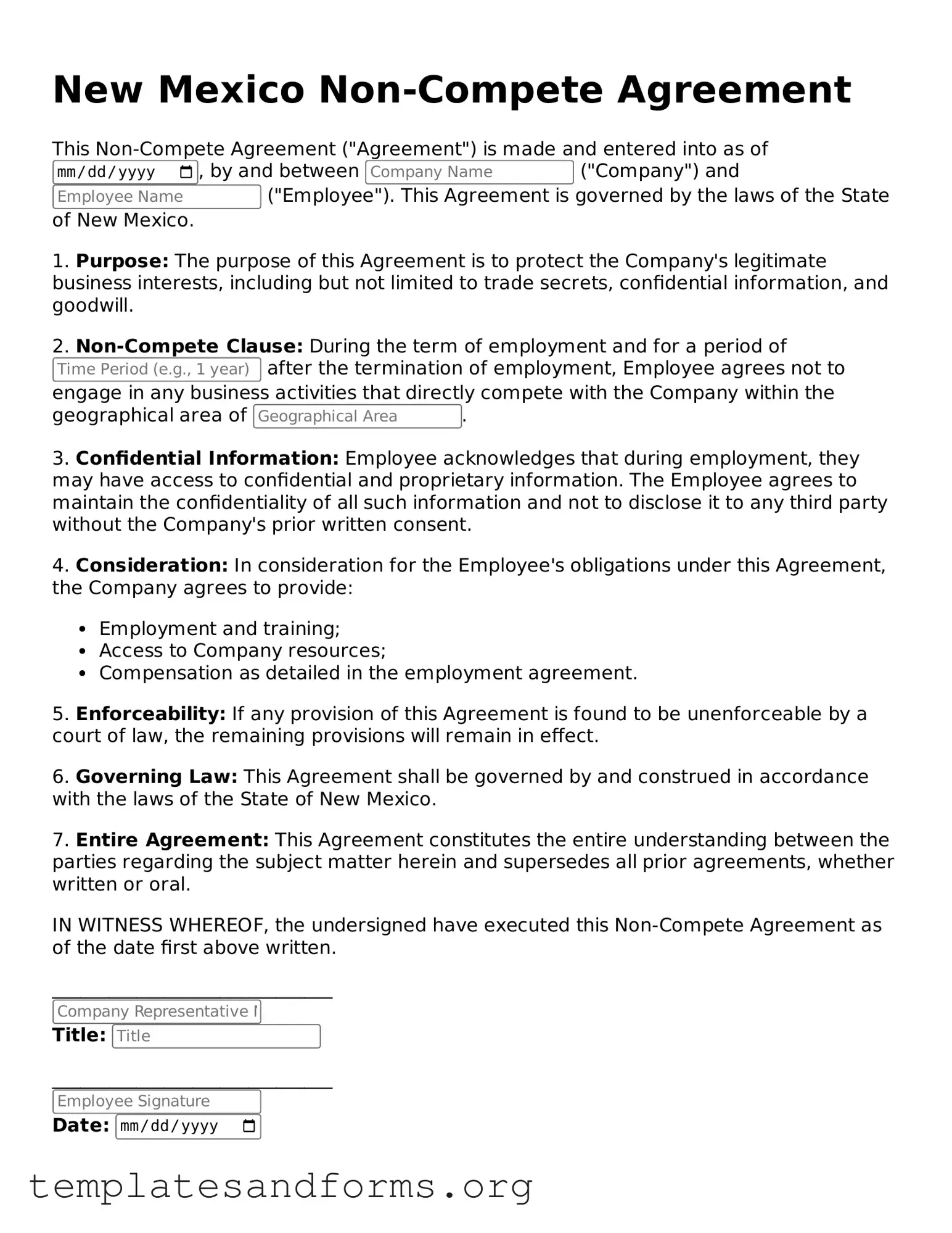 Free Non-compete Agreement Form for the State of New Mexico