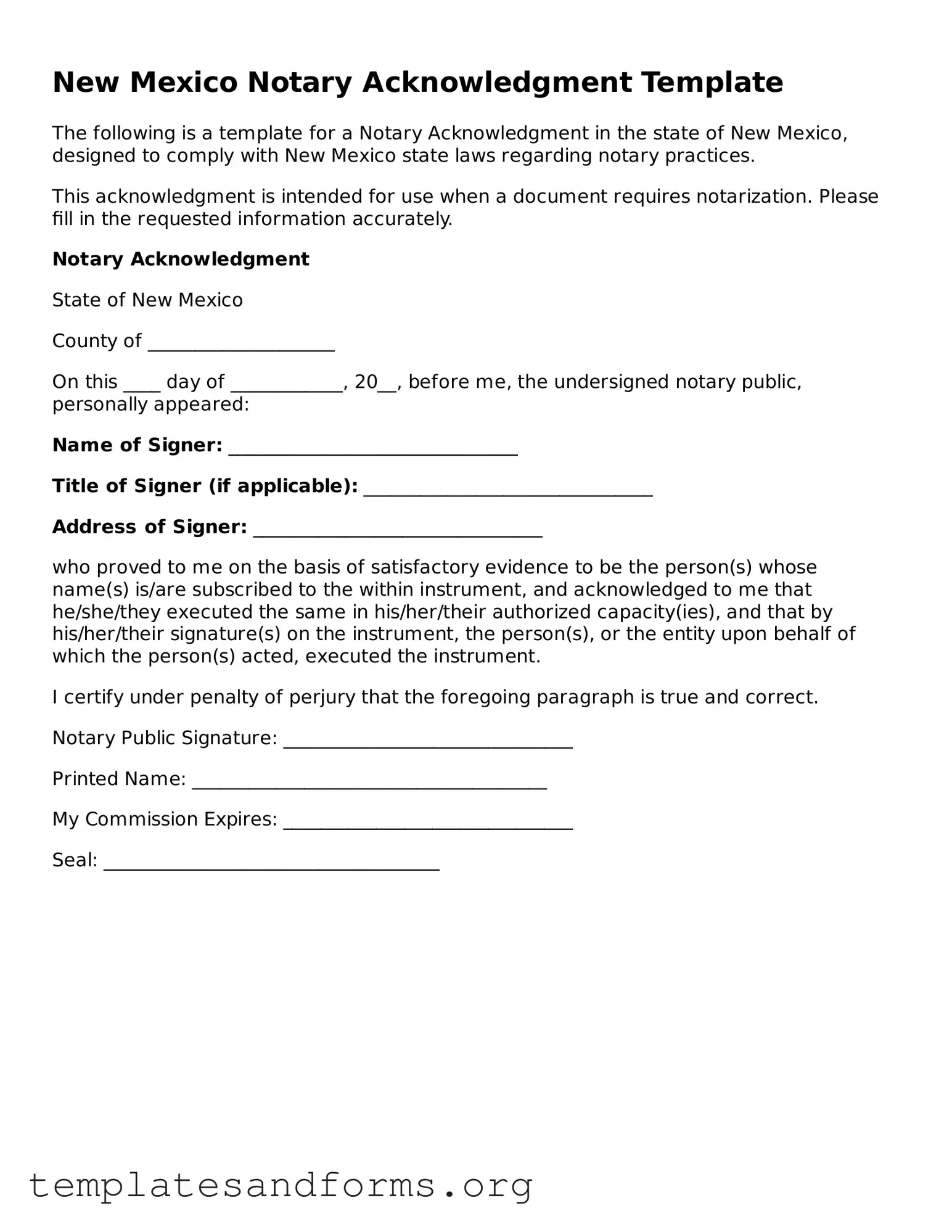 Free Notary Acknowledgement Form for the State of New Mexico