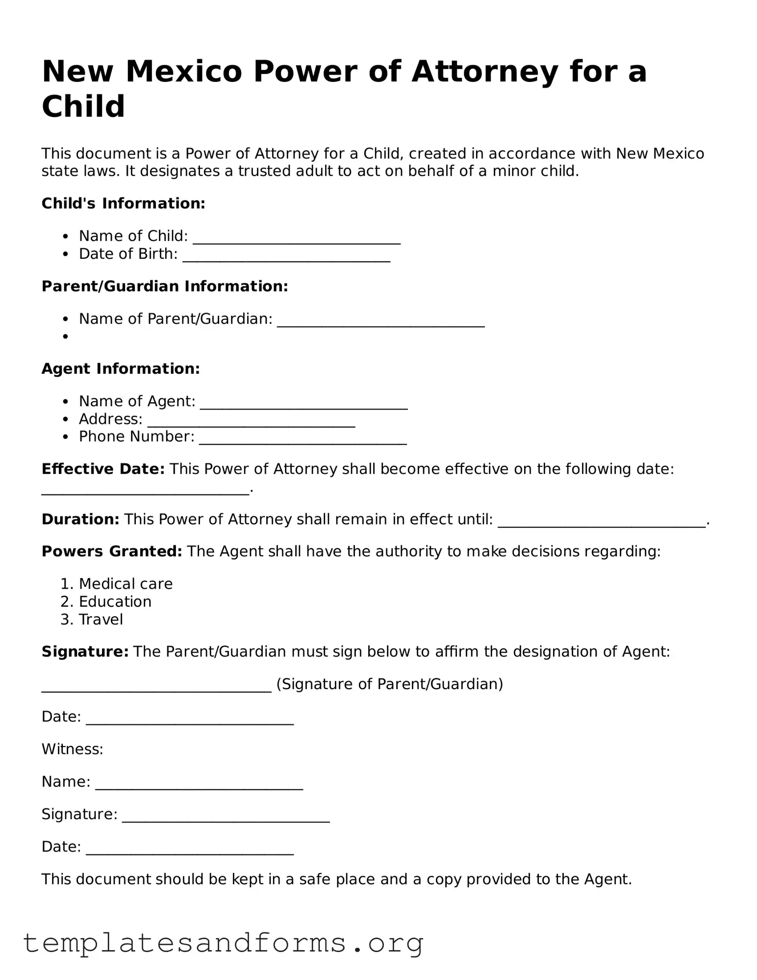 Free Power of Attorney for a Child Form for the State of New Mexico