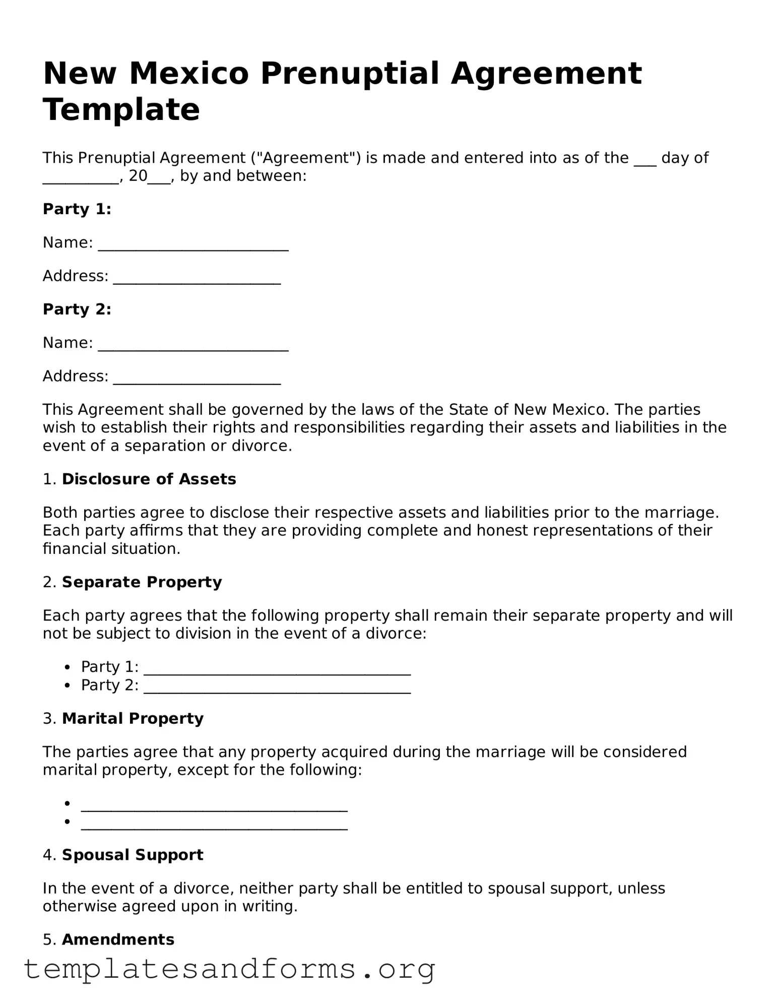 Free Prenuptial Agreement Form for the State of New Mexico