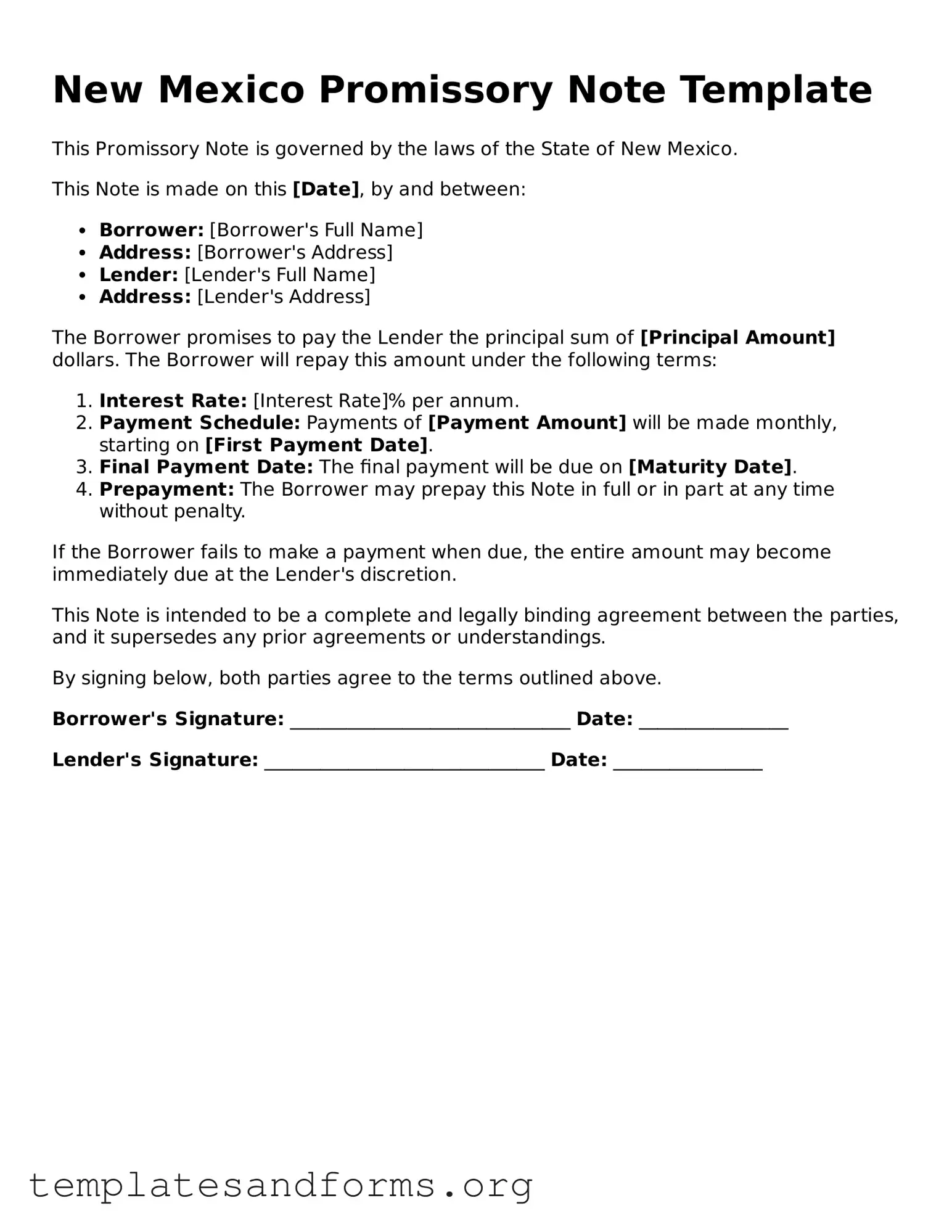 Free Promissory Note Form for the State of New Mexico