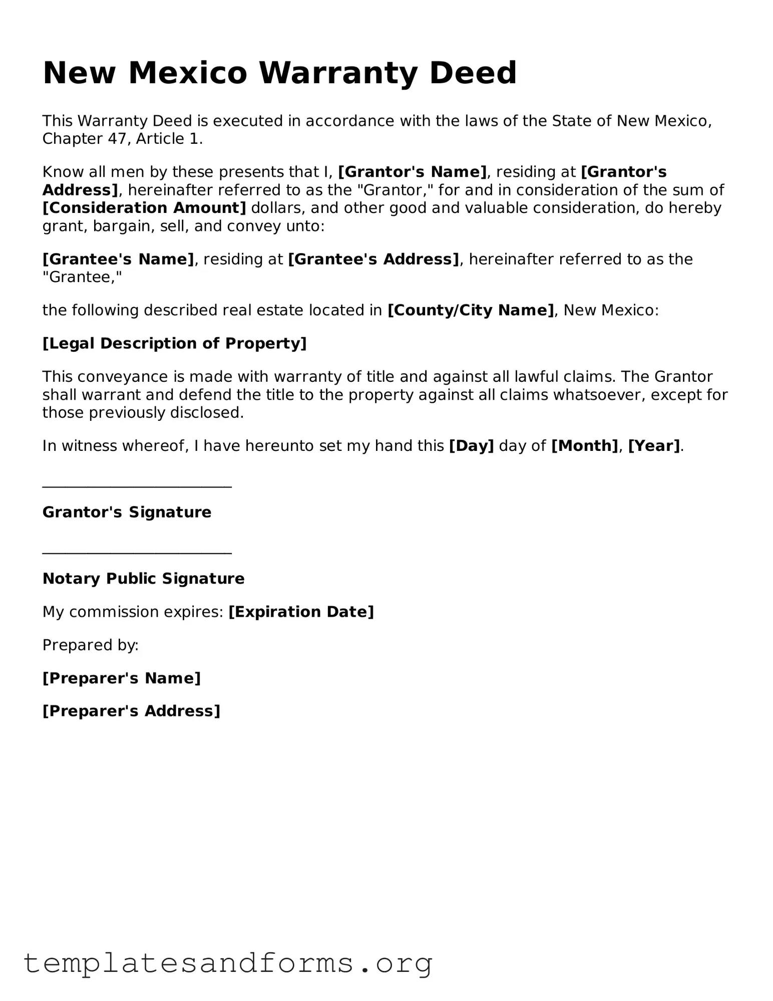Free Deed Form for the State of New Mexico