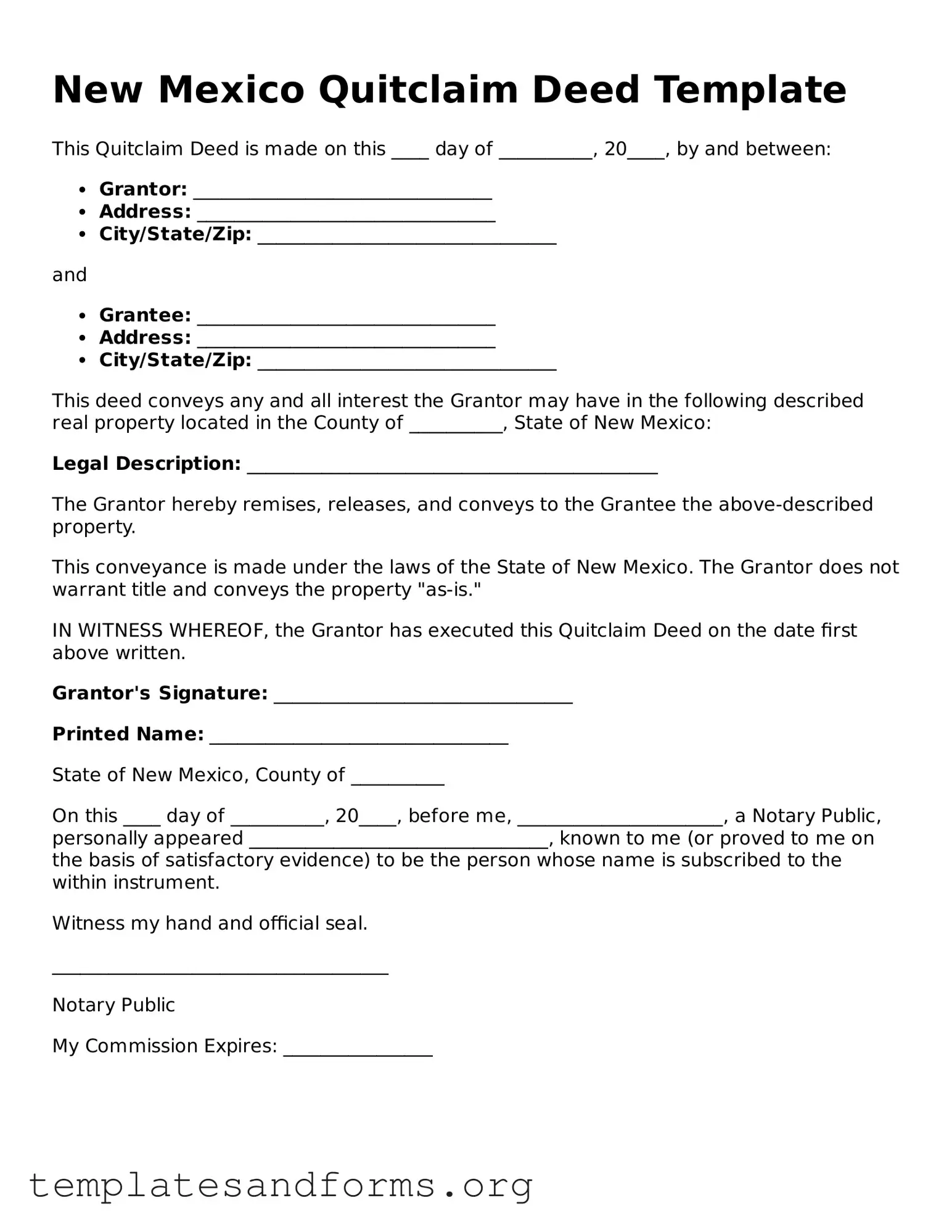 Free Quitclaim Deed Form for the State of New Mexico