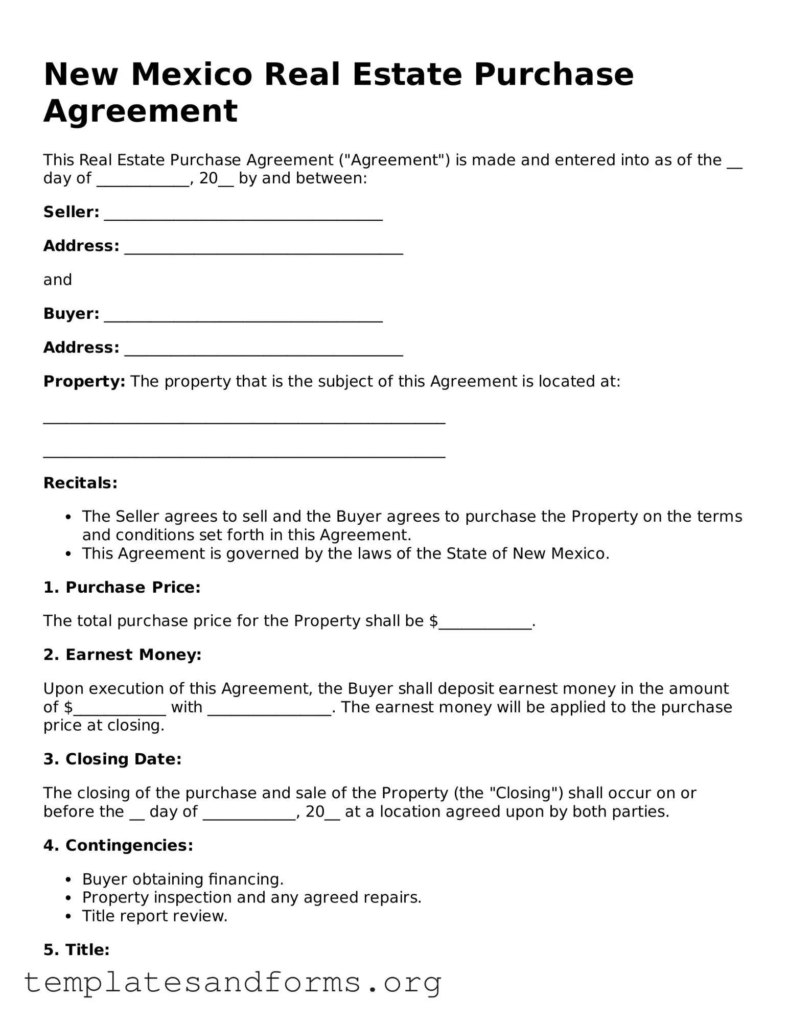 Free Real Estate Purchase Agreement Form for the State of New Mexico