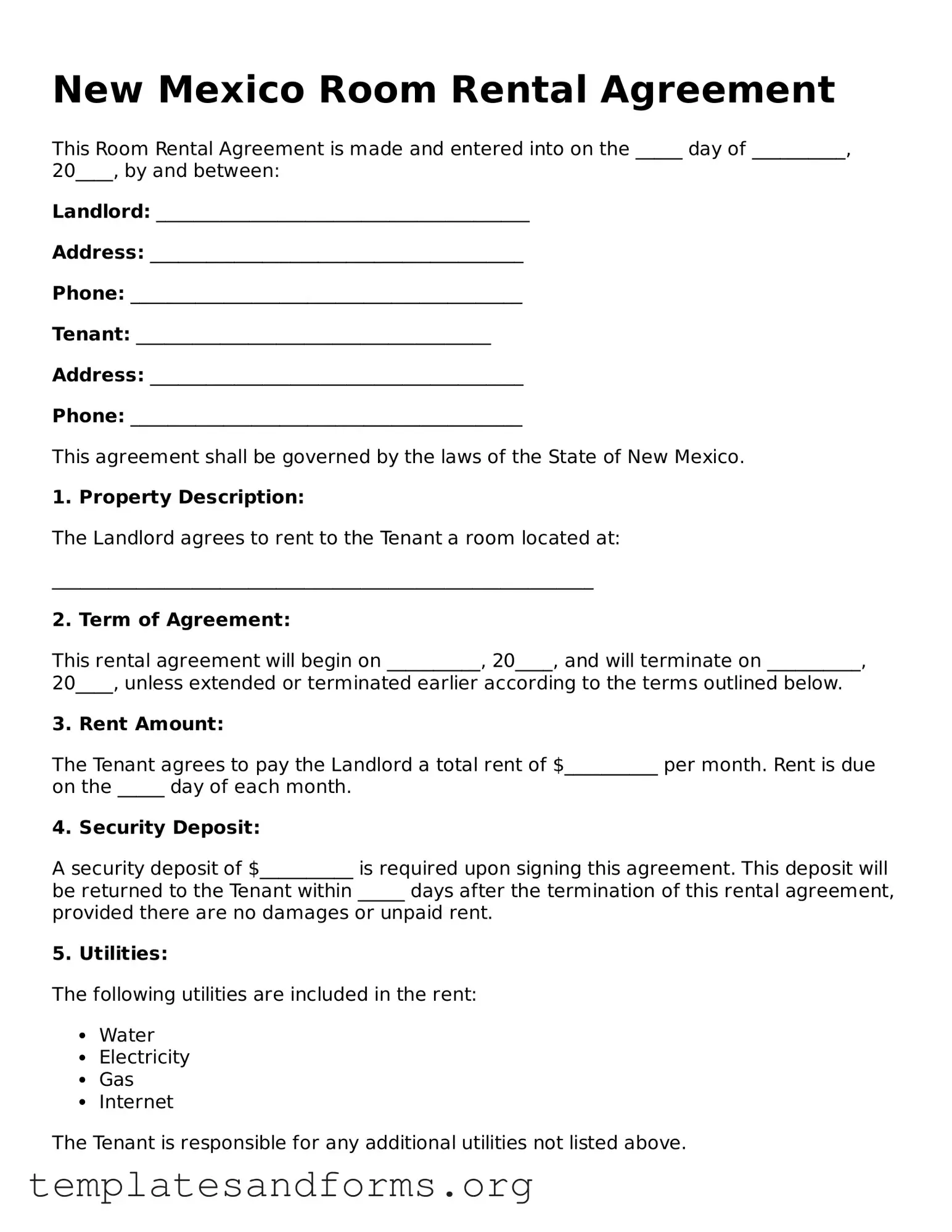 Free Room Rental Agreement Form for the State of New Mexico