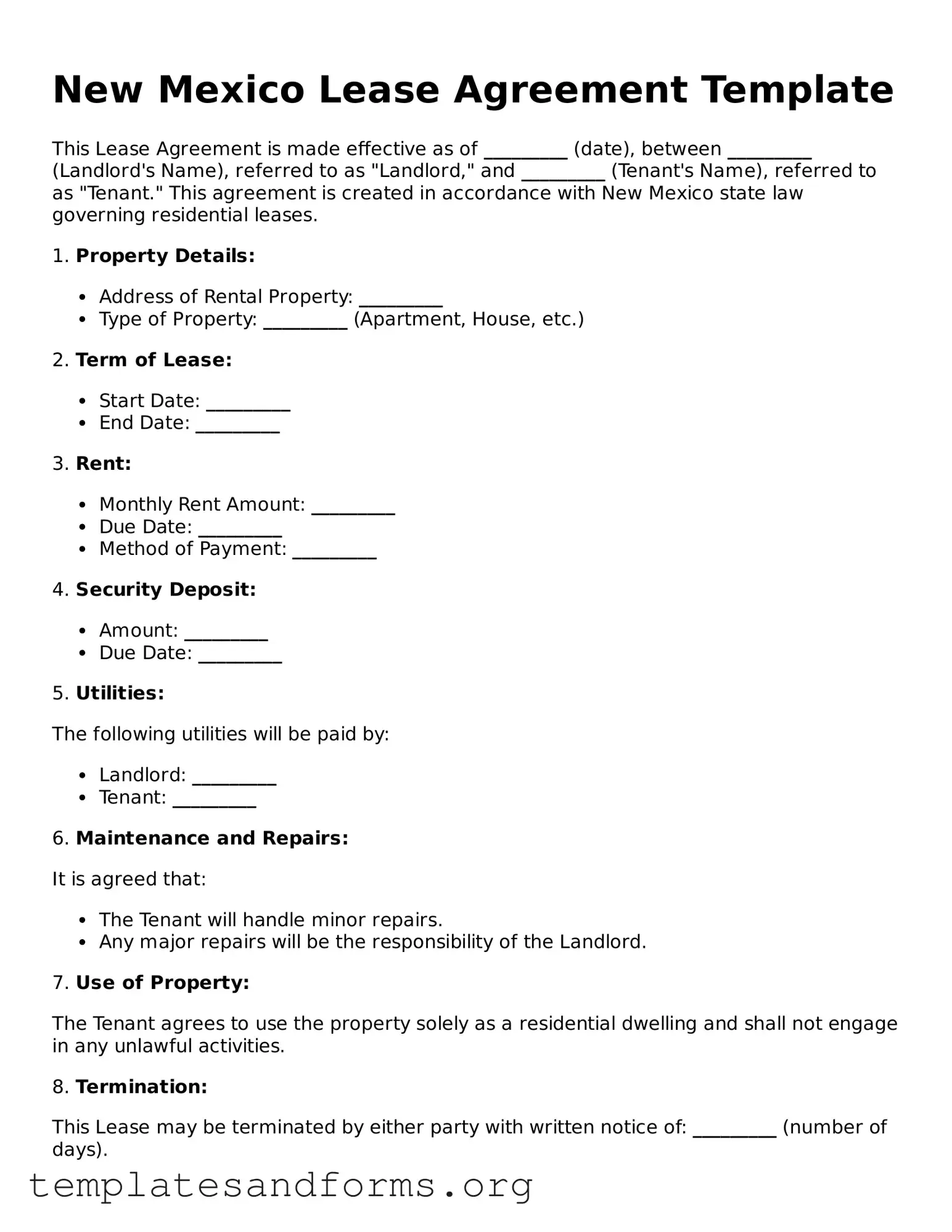 Free Lease Agreement Form for the State of New Mexico