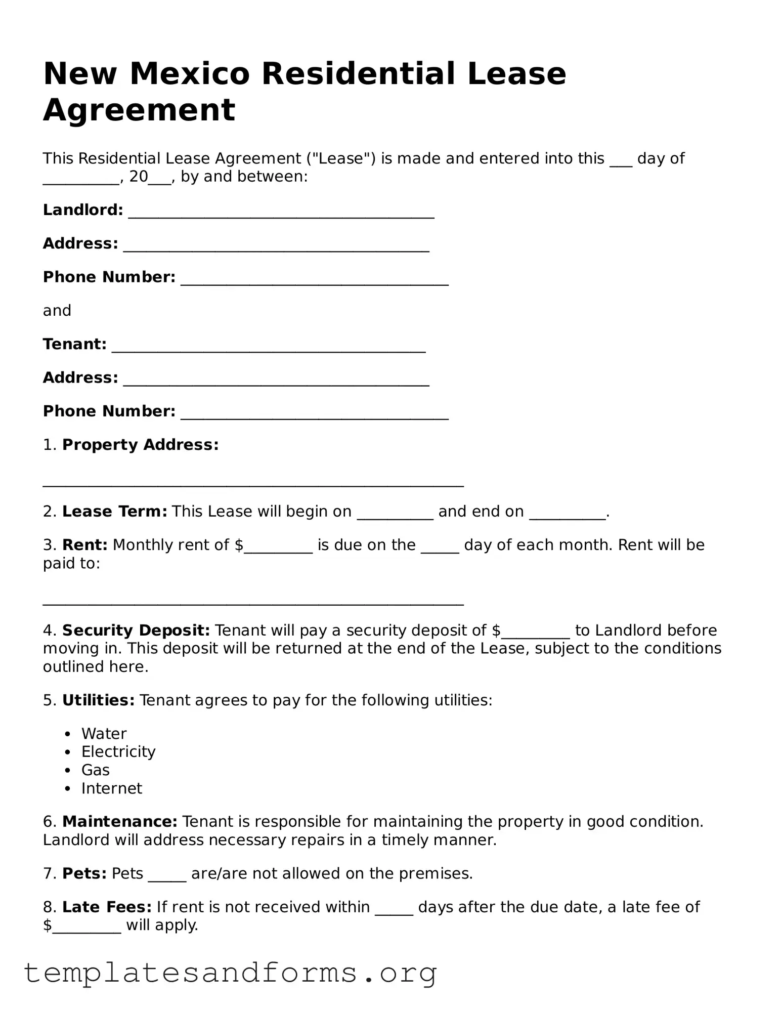 Free Residential Lease Agreement Form for the State of New Mexico