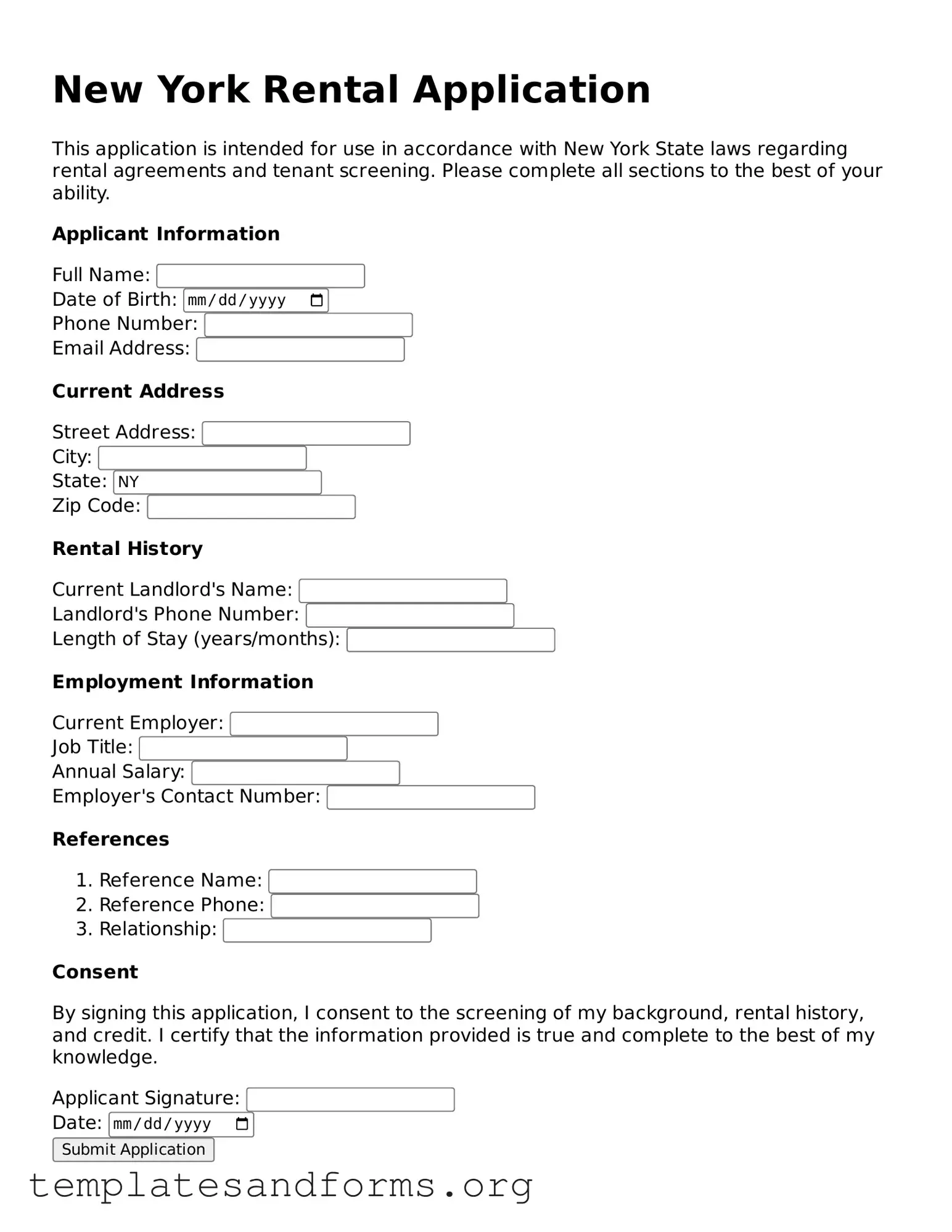 Free Rental Application Form for the State of New York