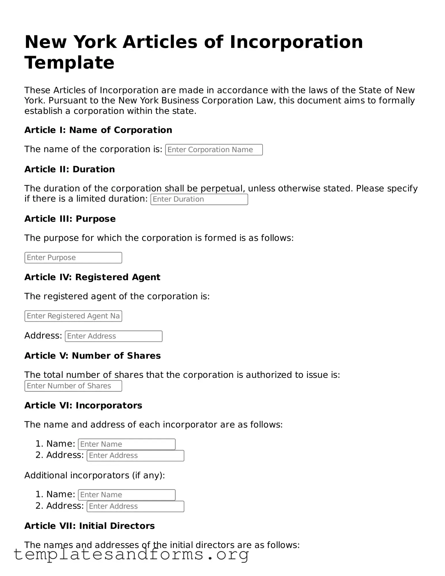 Free Articles of Incorporation Form for the State of New York