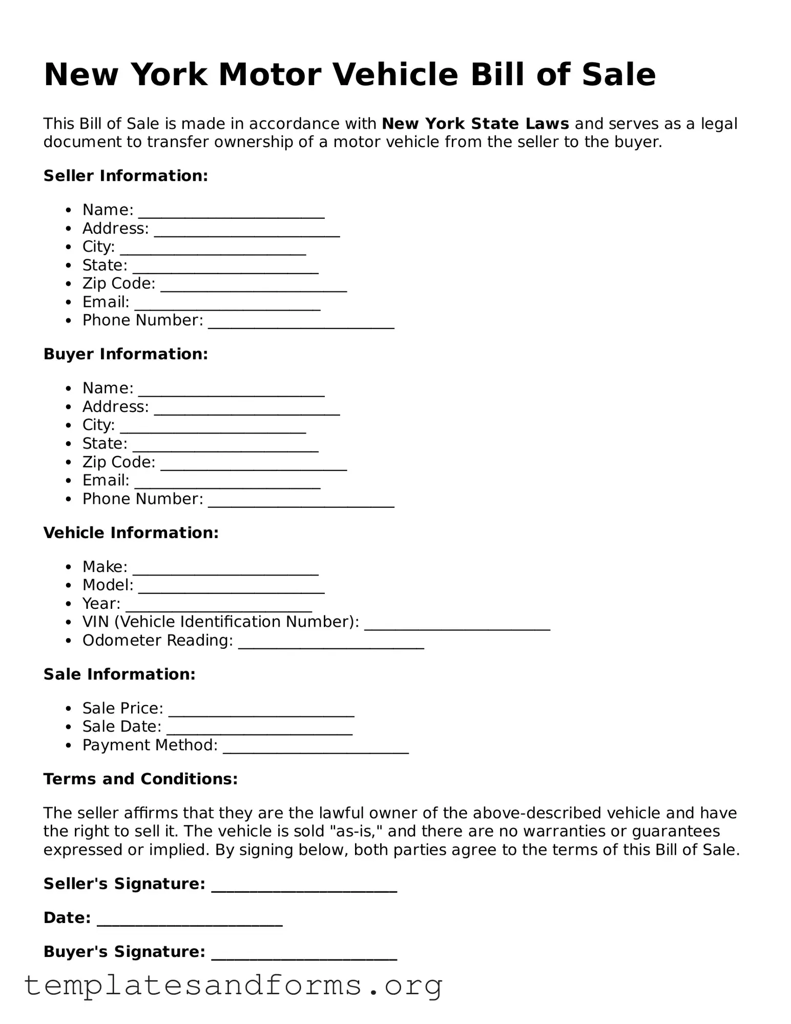 Free Motor Vehicle Bill of Sale Form for the State of New York
