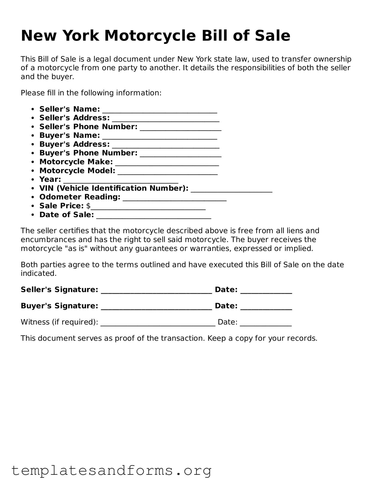 Free Motorcycle Bill of Sale Form for the State of New York