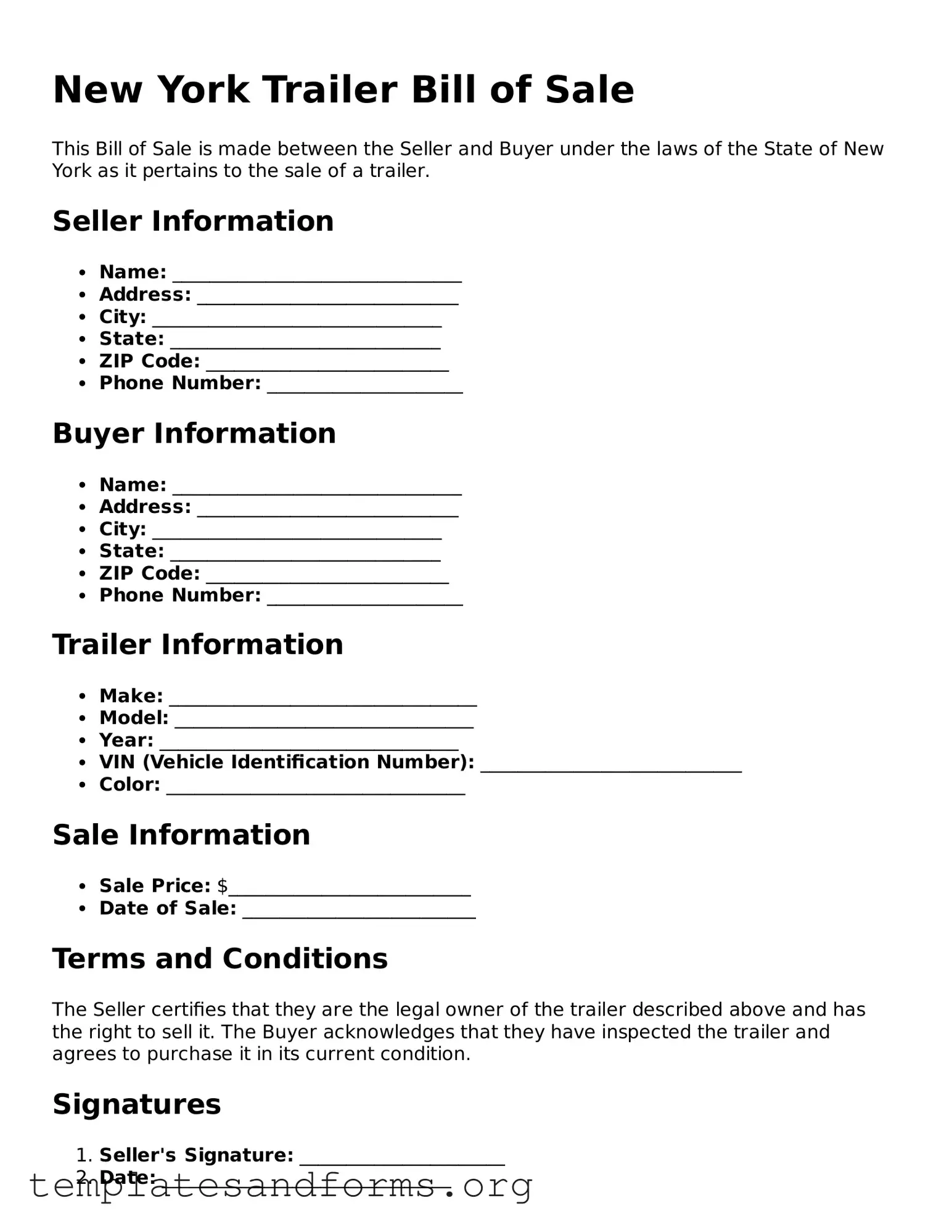 Free Trailer Bill of Sale Form for the State of New York