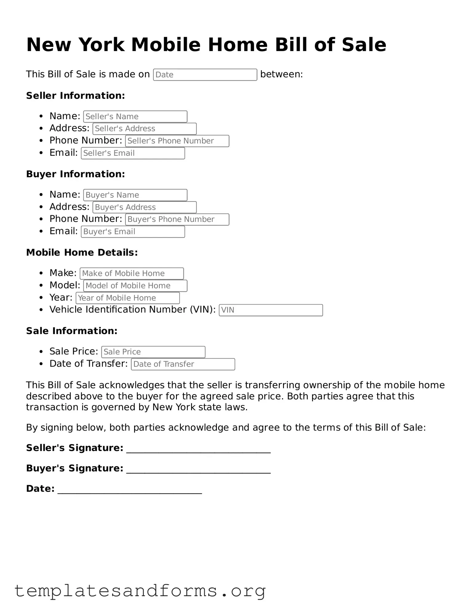 Free Mobile Home Bill of Sale Form for the State of New York