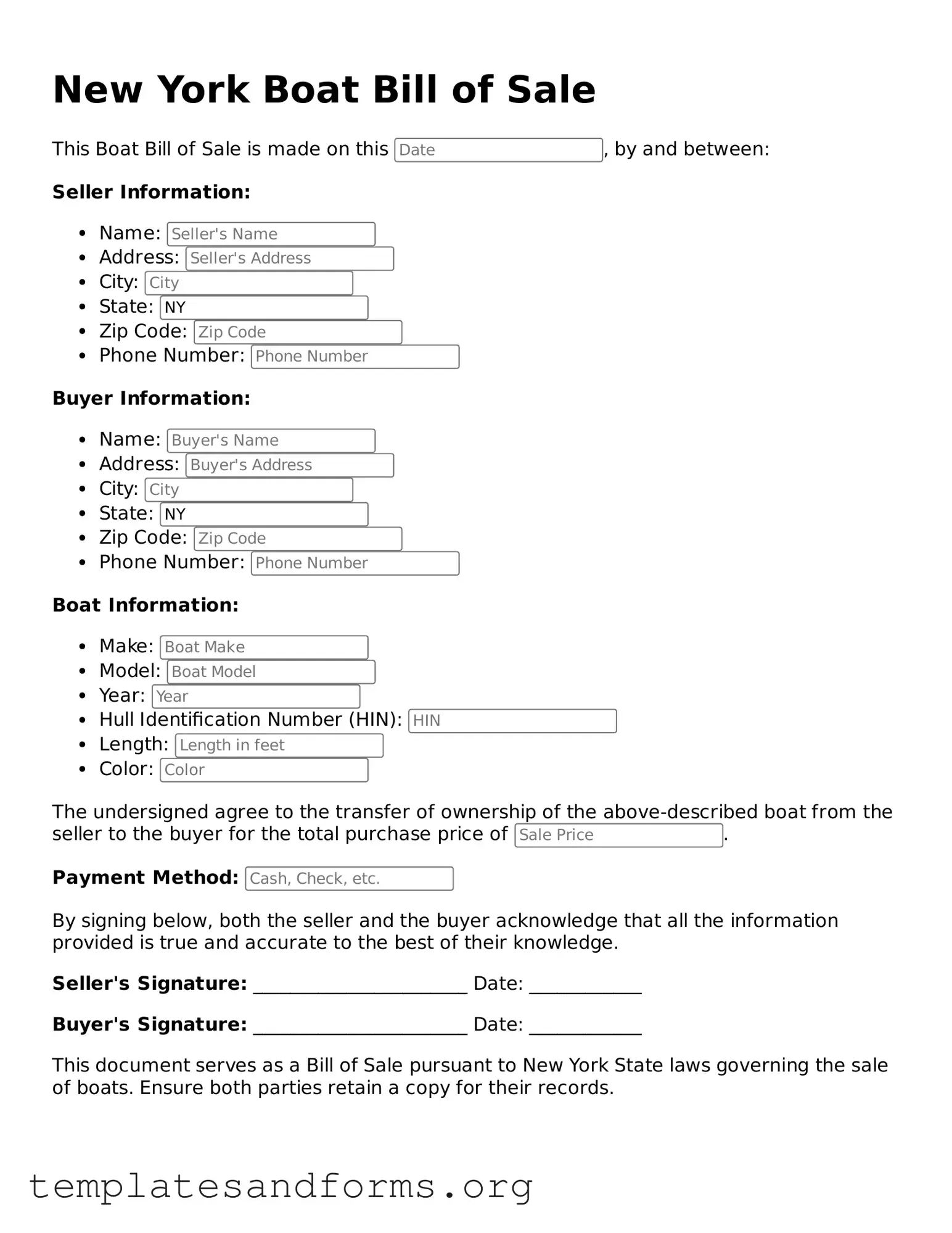 Free Boat Bill of Sale Form for the State of New York