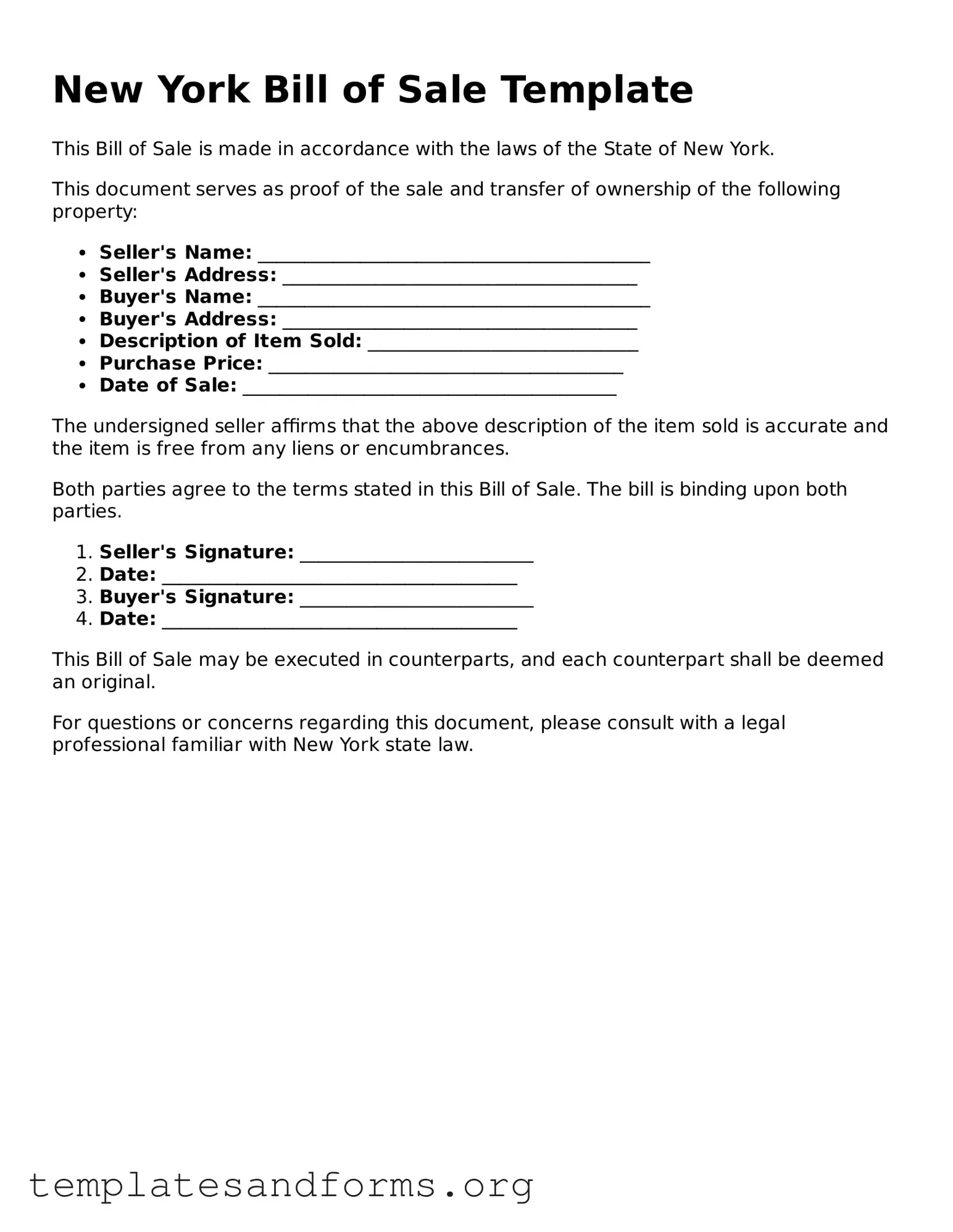 Free Bill of Sale Form for the State of New York