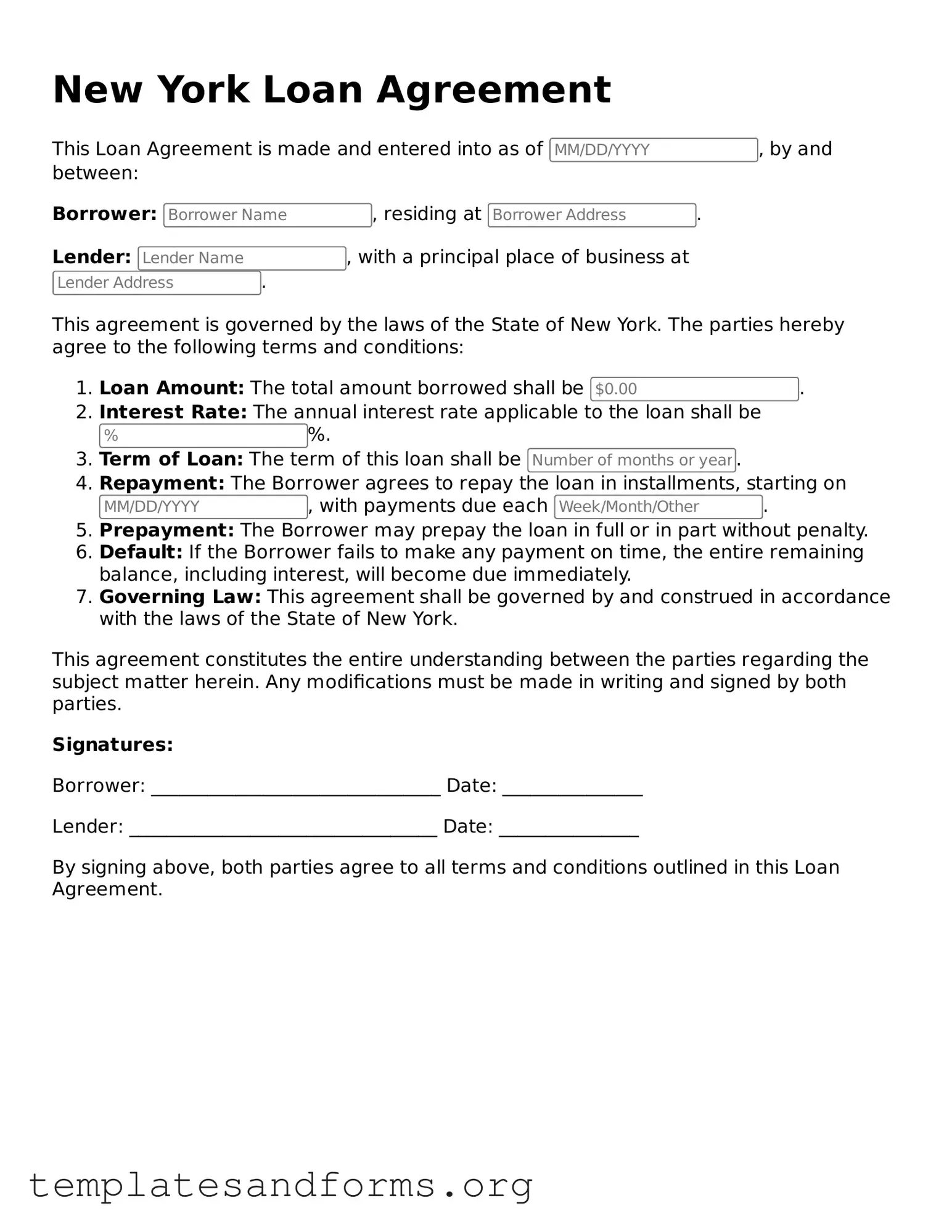 Free Loan Agreement Form for the State of New York