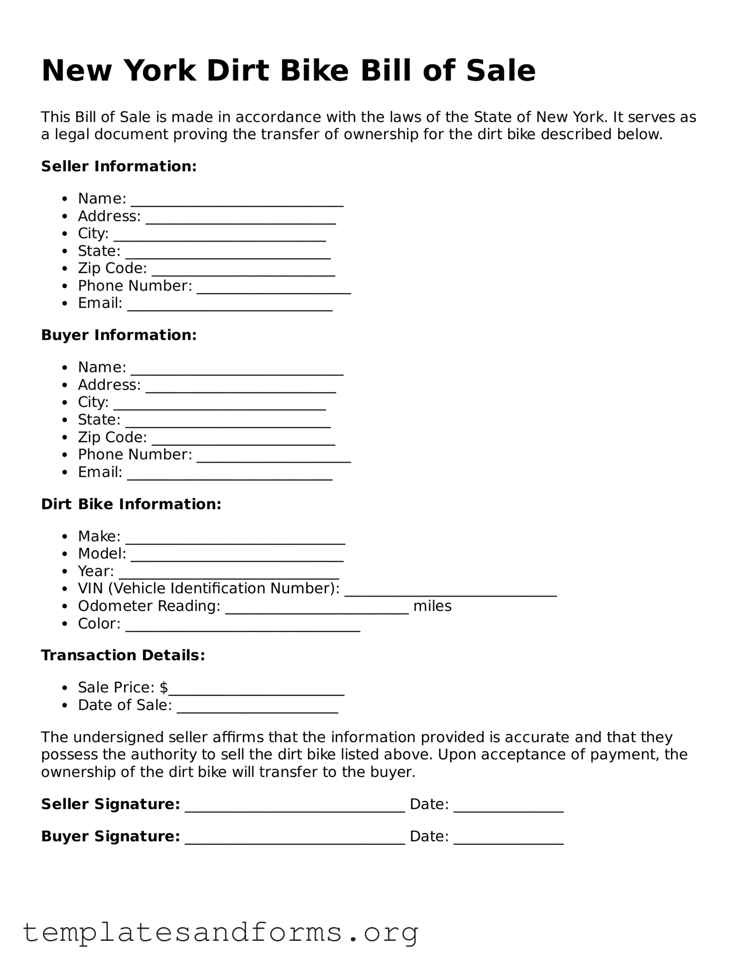 Free Dirt Bike Bill of Sale Form for the State of New York