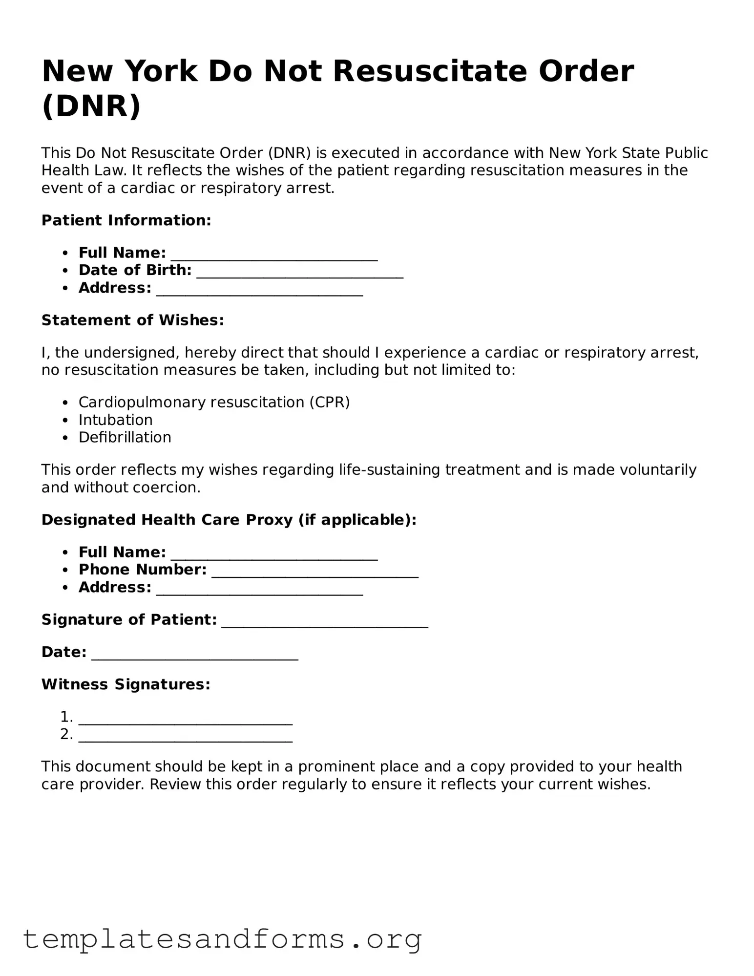 Free Do Not Resuscitate Order Form for the State of New York
