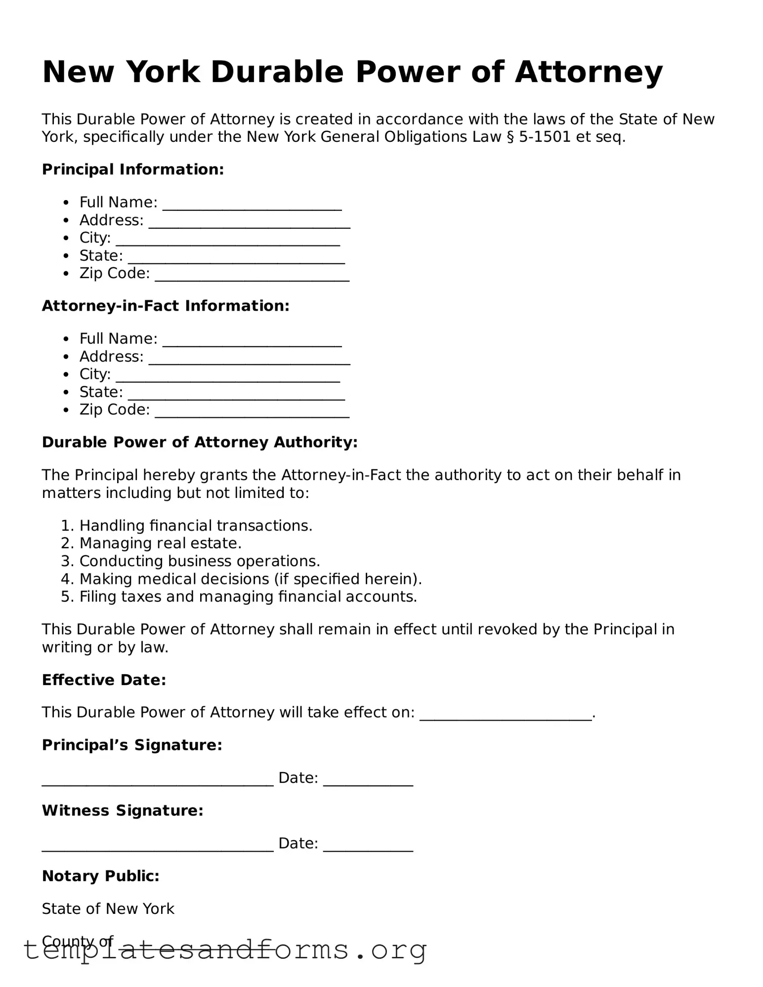 Free Durable Power of Attorney Form for the State of New York