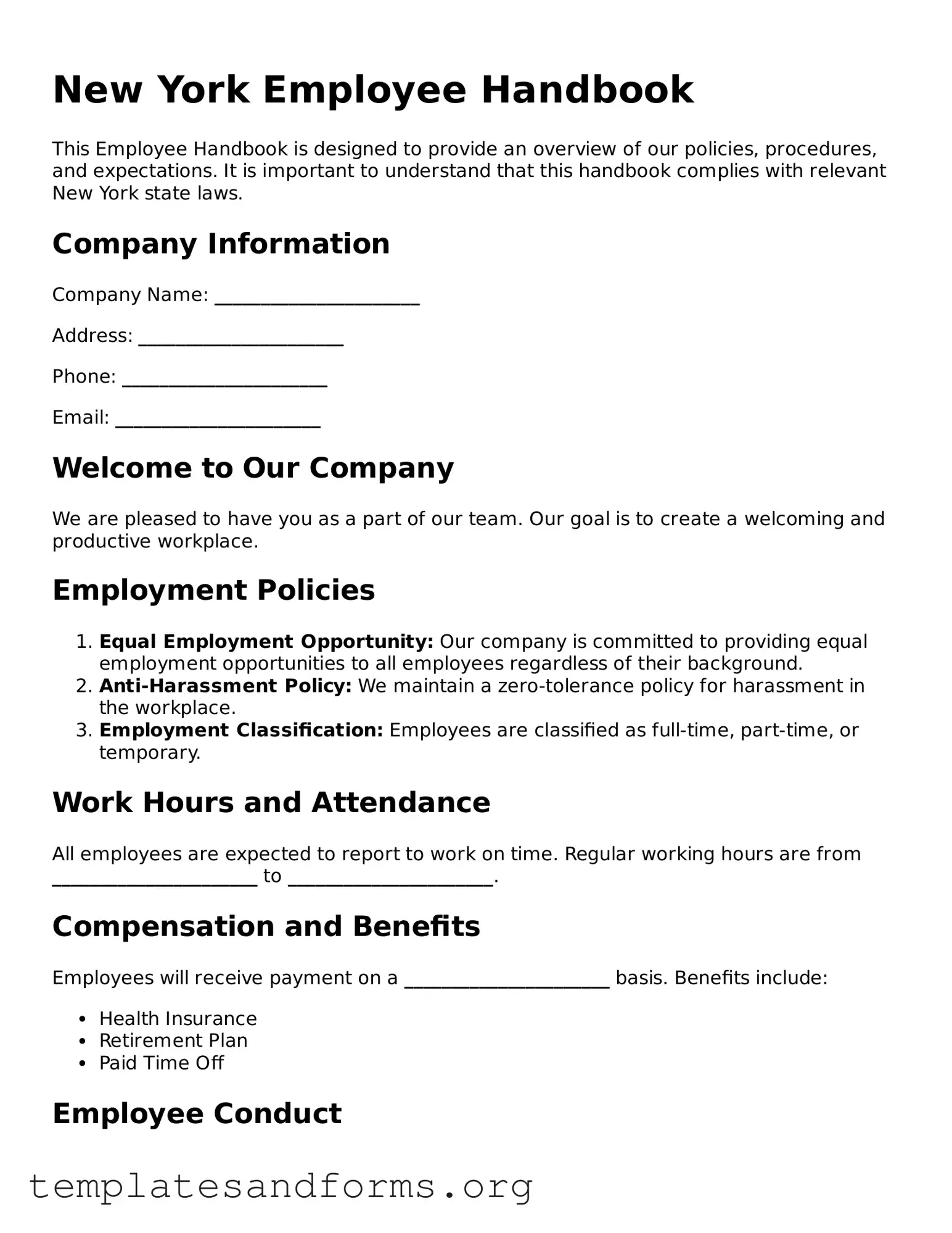 Free Employee Handbook Form for the State of New York