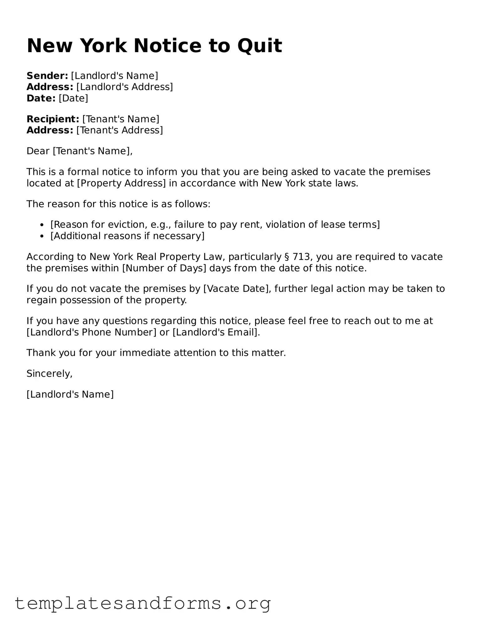 Free Notice to Quit Form for the State of New York