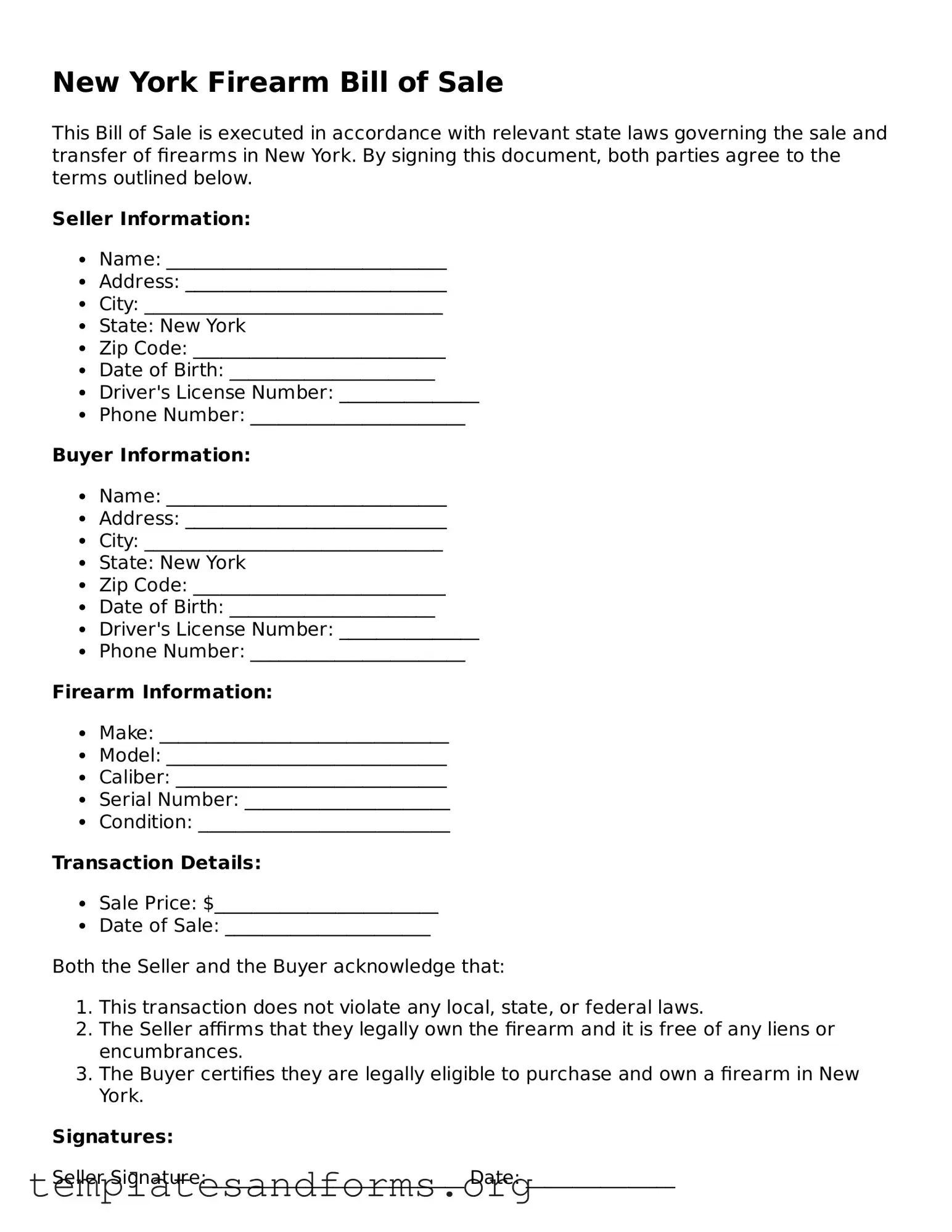 Free Firearm Bill of Sale Form for the State of New York