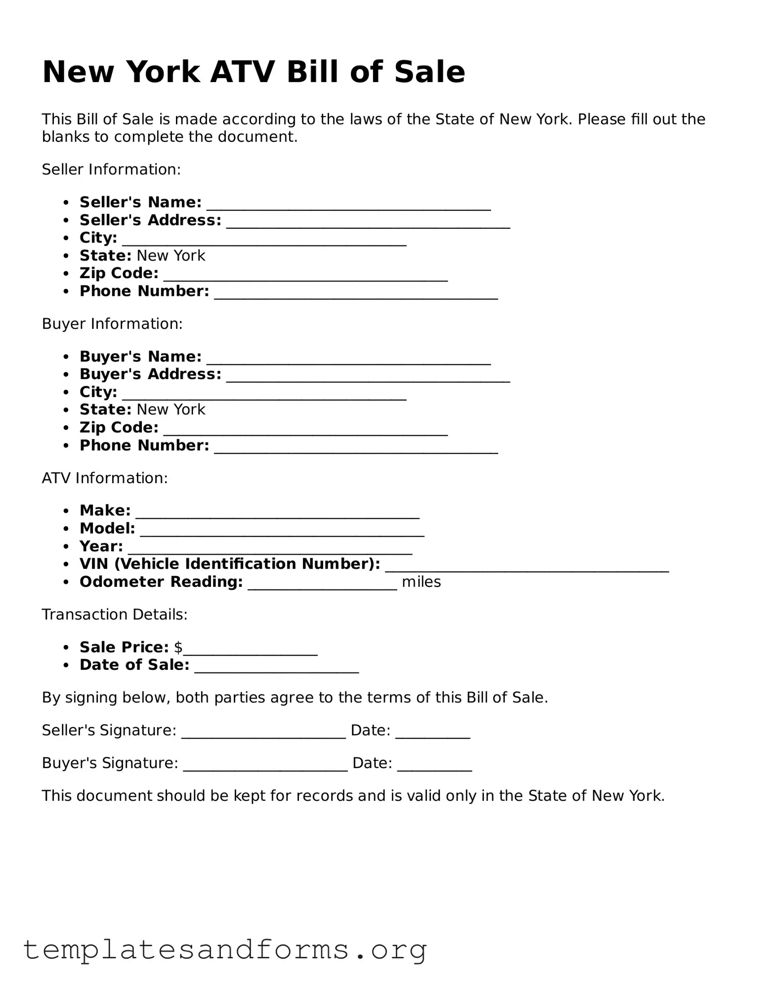 Free ATV Bill of Sale Form for the State of New York