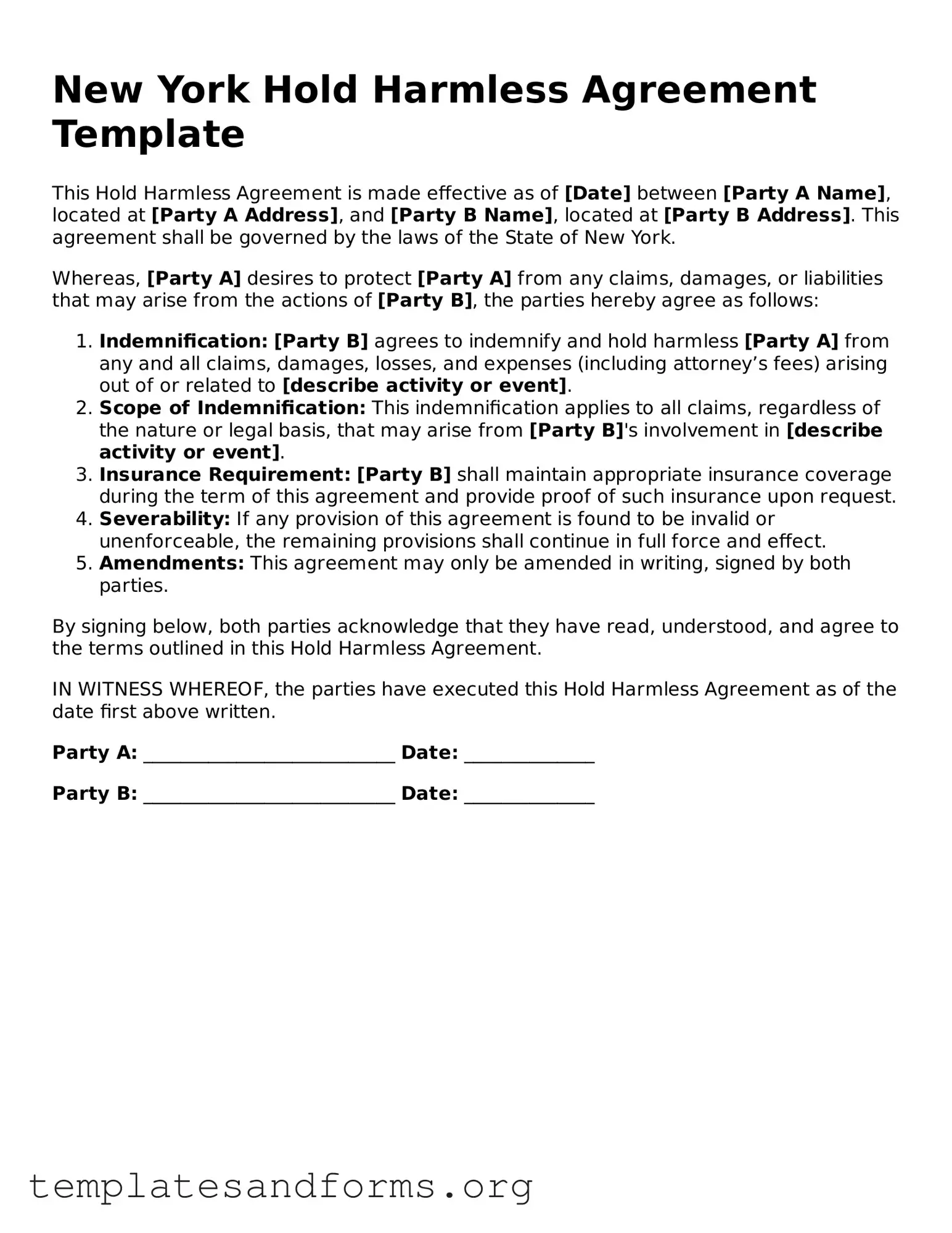 Free Hold Harmless Agreement Form for the State of New York