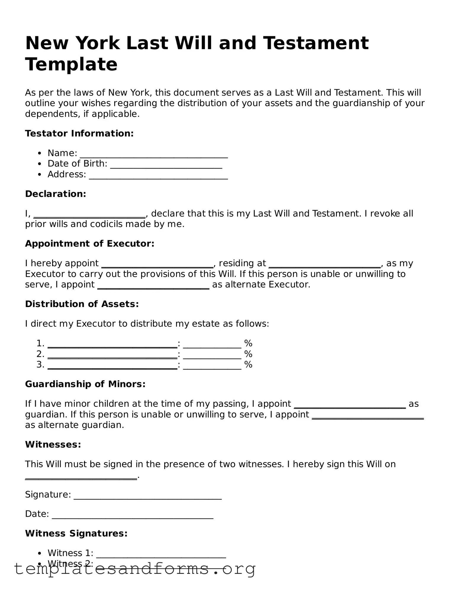 Free Last Will and Testament Form for the State of New York