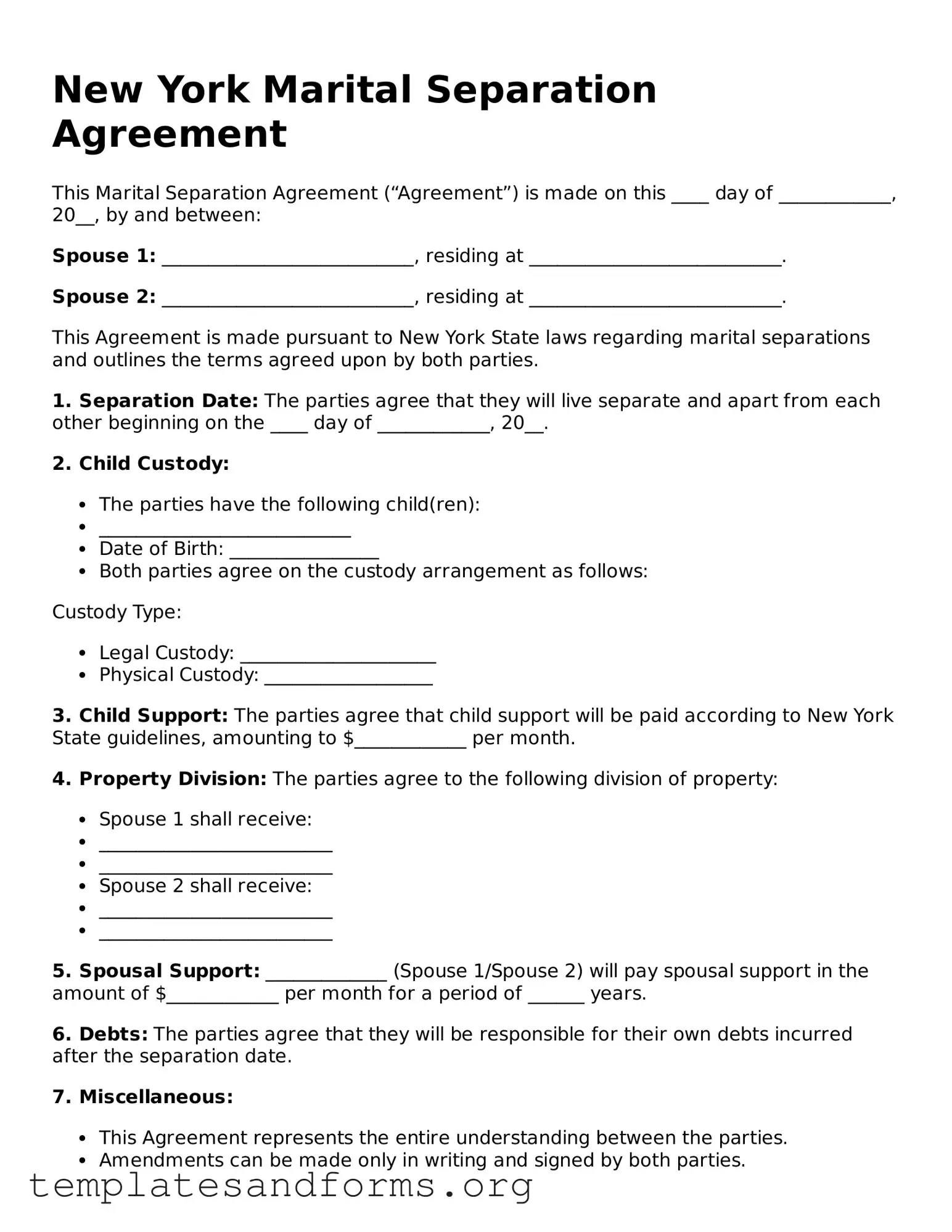 Free Marital Separation Agreement Form for the State of New York
