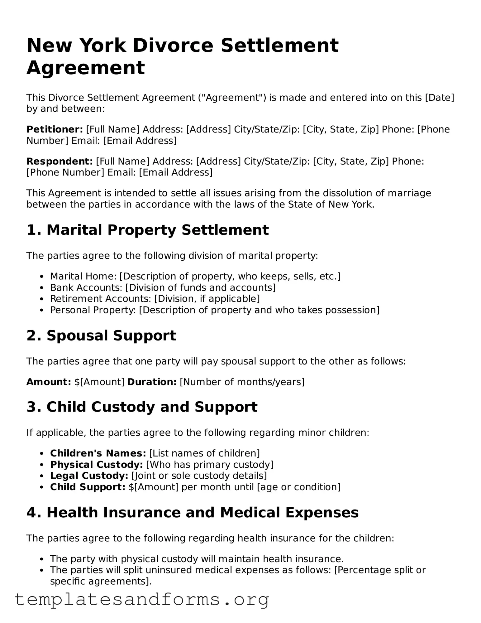 Free Divorce Settlement Agreement Form for the State of New York