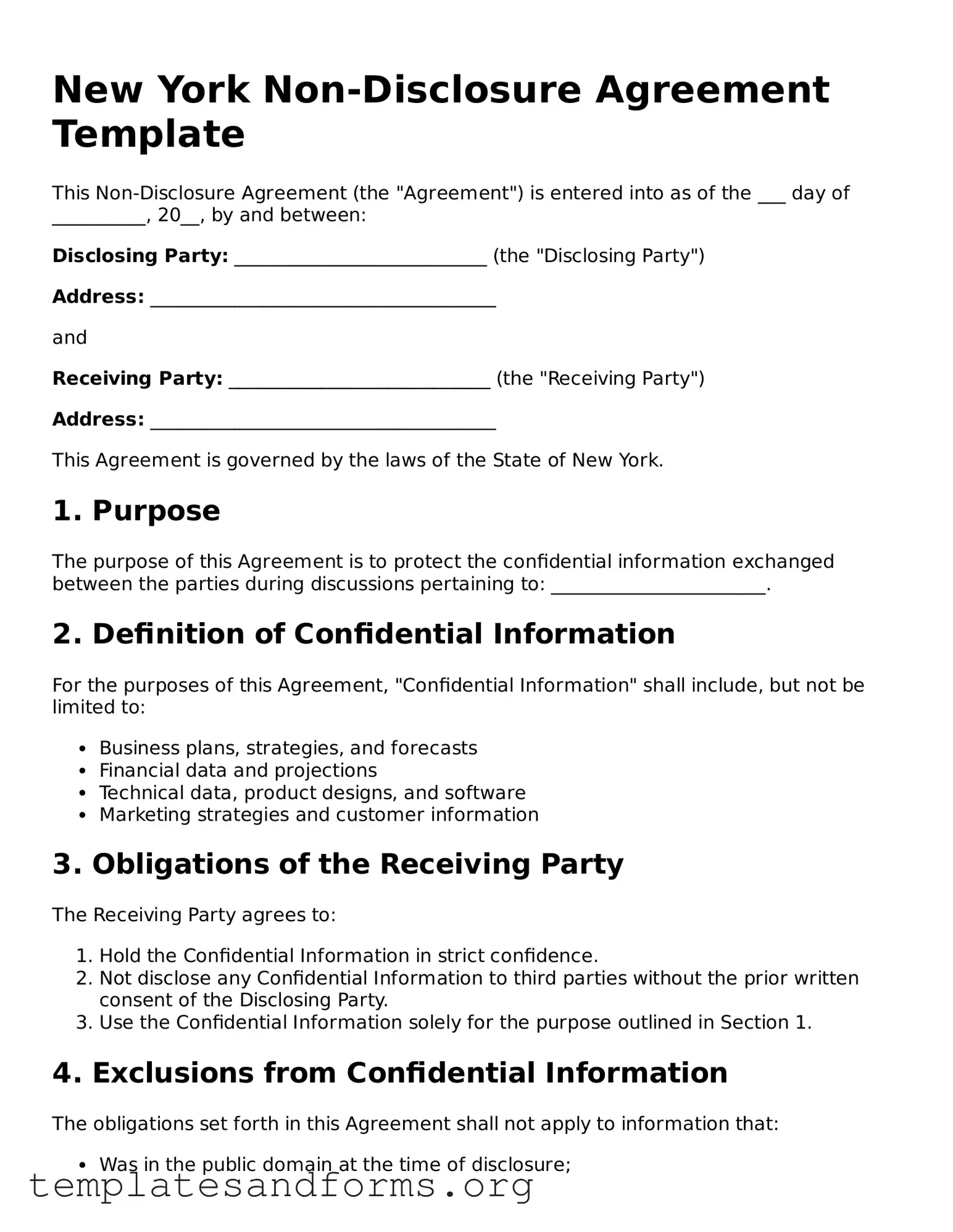 Free Non-disclosure Agreement Form for the State of New York