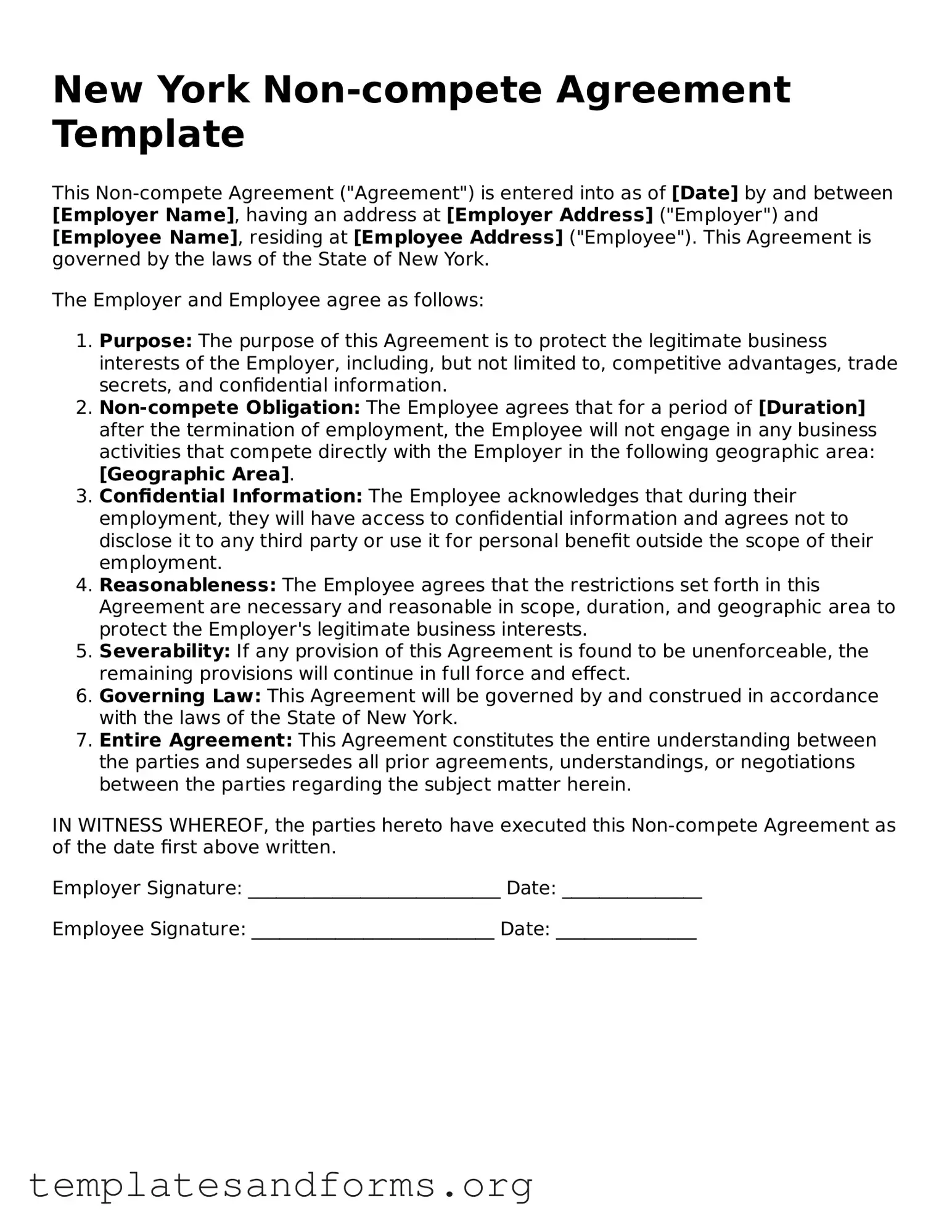 Free Non-compete Agreement Form for the State of New York